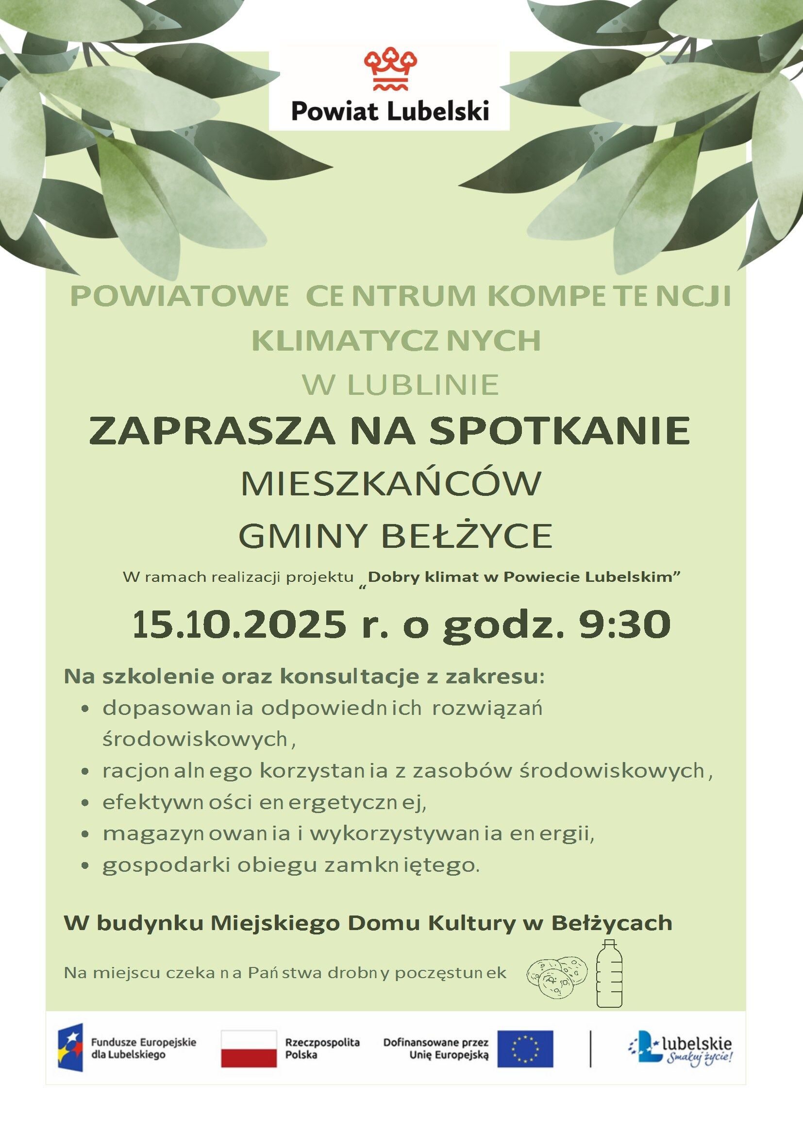 Plakat informuje o spotkaniu mieszkańców gminy Bełżyce 15.10.2025 o godzinie 9:30 w Miejskim Domu Kultury. Tematy: ekologia, zasoby, oszczędzanie energii. Projekt "Dobry klimat w Powiecie Lubelskim".