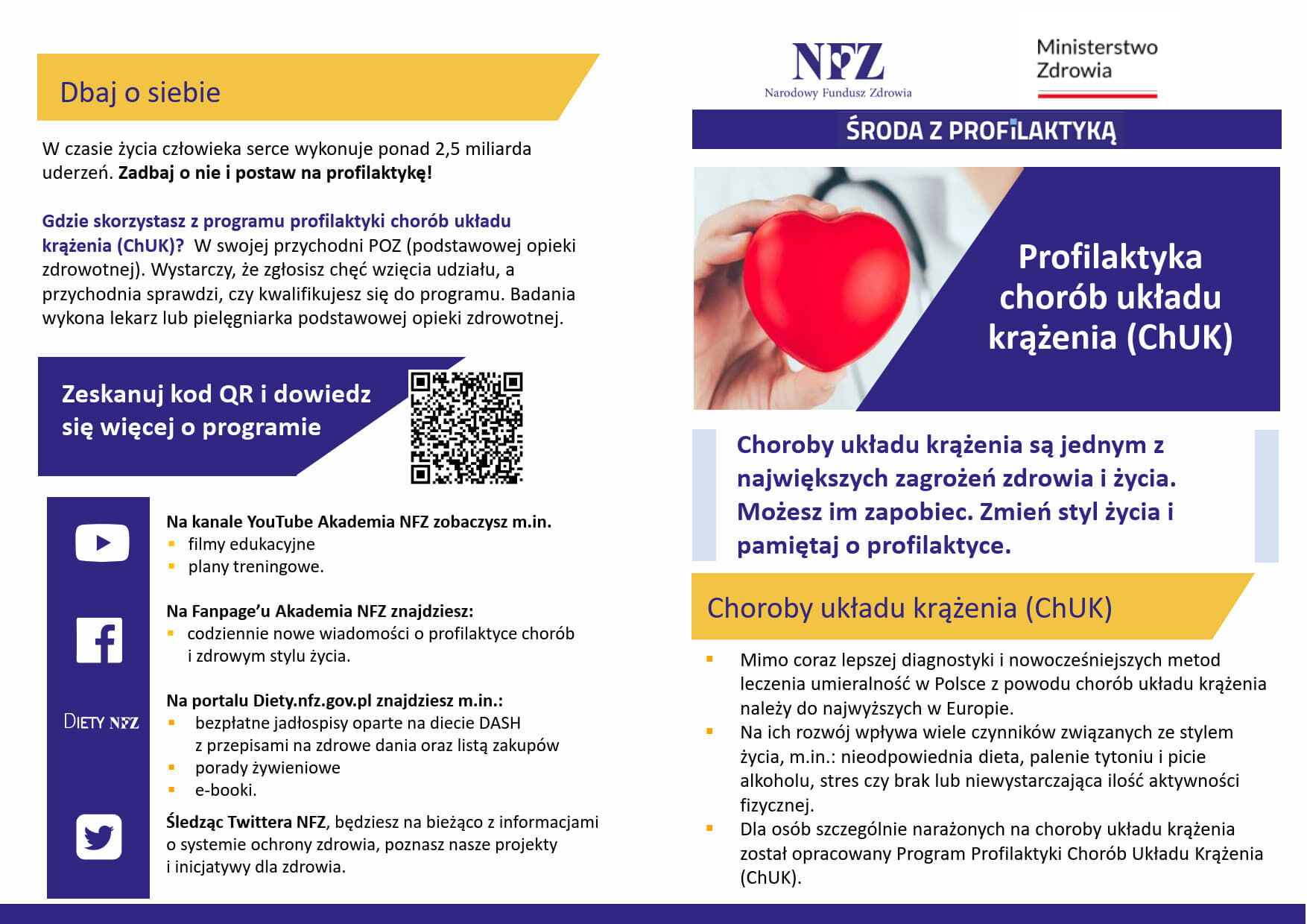 Na ulotce znajduje się kolorowy projekt z informacjami o profilaktyce chorób układu krążenia. Po lewej: informacje o programie i kod QR. Po prawej: zdjęcie dłoni trzymającej serce oraz opis chorób układu krążenia.