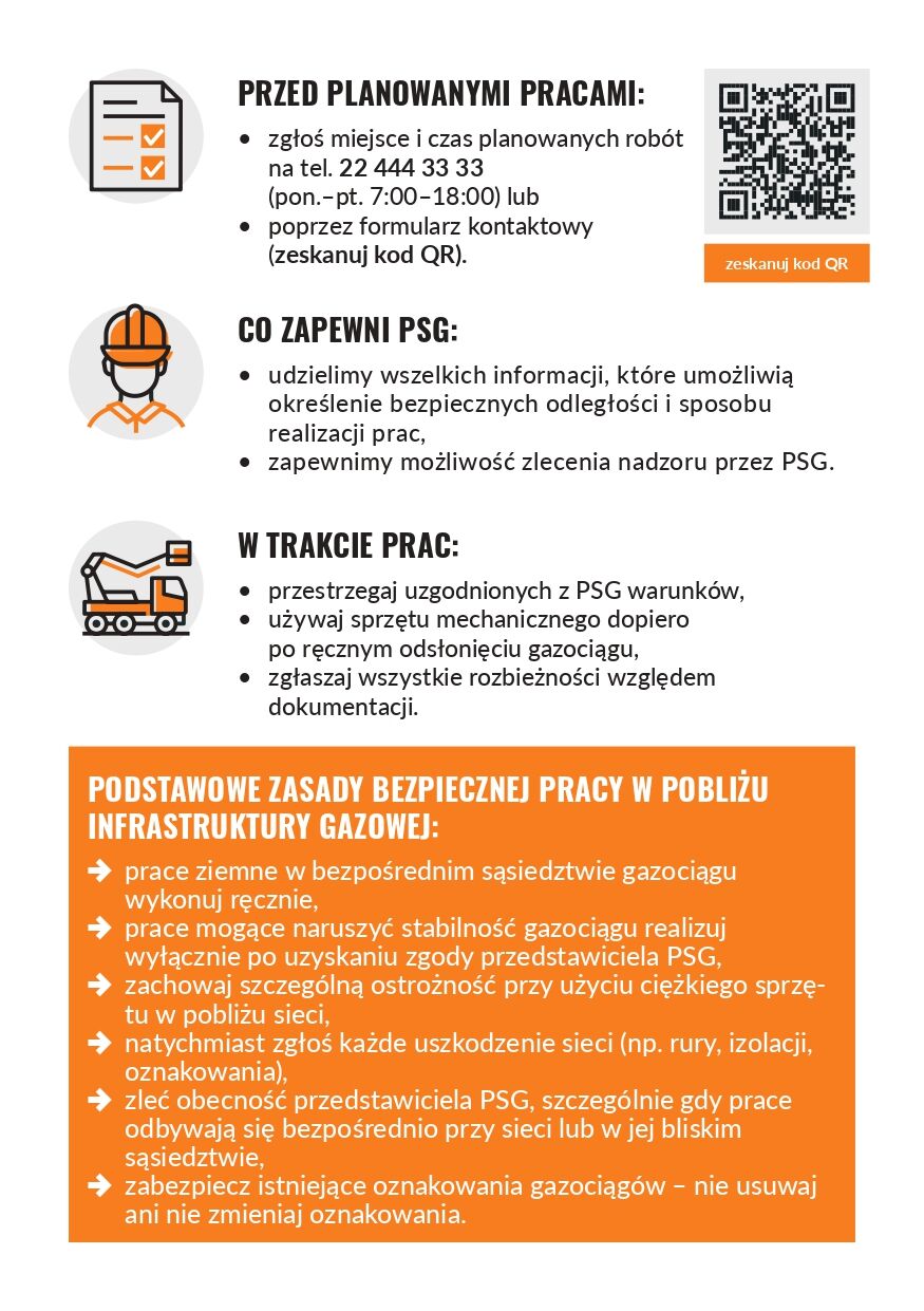 Strona ulotki z piktogramami i wypunktowaniami: przed planowanymi pracami, co zapewni PSG, w trakcie prac. Obok kod QR. Na dole pomarańczowe pole z podstawowymi zasadami bezpiecznej pracy w pobliżu infrastruktury gazowej.