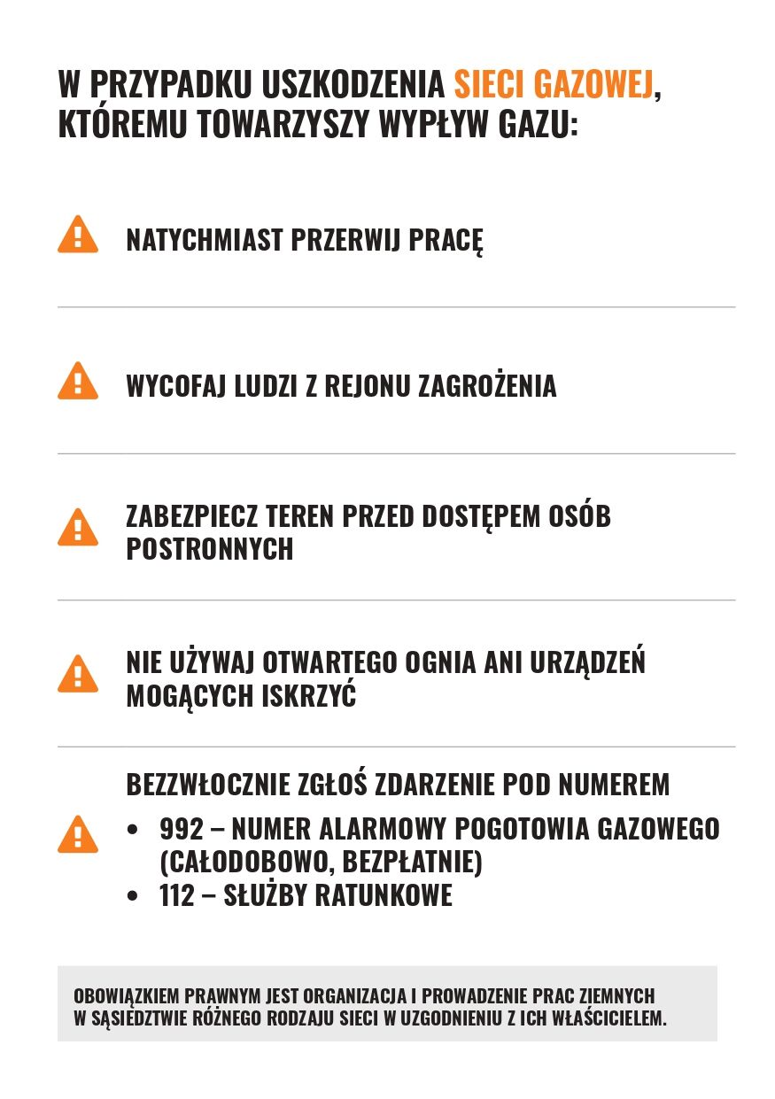 Strona ulotki: pięć zaleceń na wypadek uszkodzenia sieci gazowej z wypływem gazu, każde z pomarańczowym tr&oacute;jkątem ostrzegawczym. Numery alarmowe 992 i 112. Na dole szare pole z informacją o obowiązku prawnym.