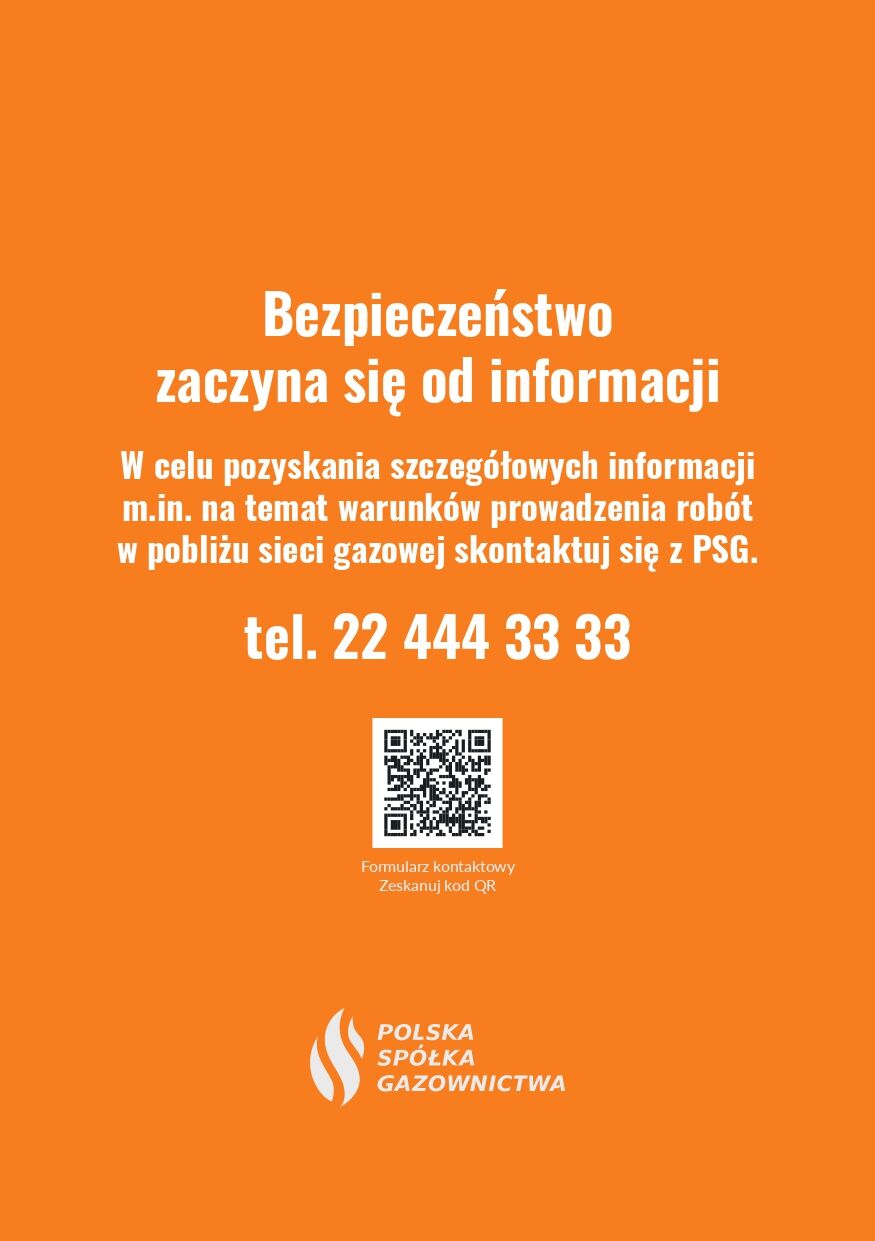 Pomarańczowa strona ulotki z białym napisem: Bezpieczeństwo zaczyna się od informacji. Poniżej zachęta do kontaktu z PSG, telefon 22 444 33 33, kod QR do formularza kontaktowego i logo Polskiej Sp&oacute;łki Gazownictwa.