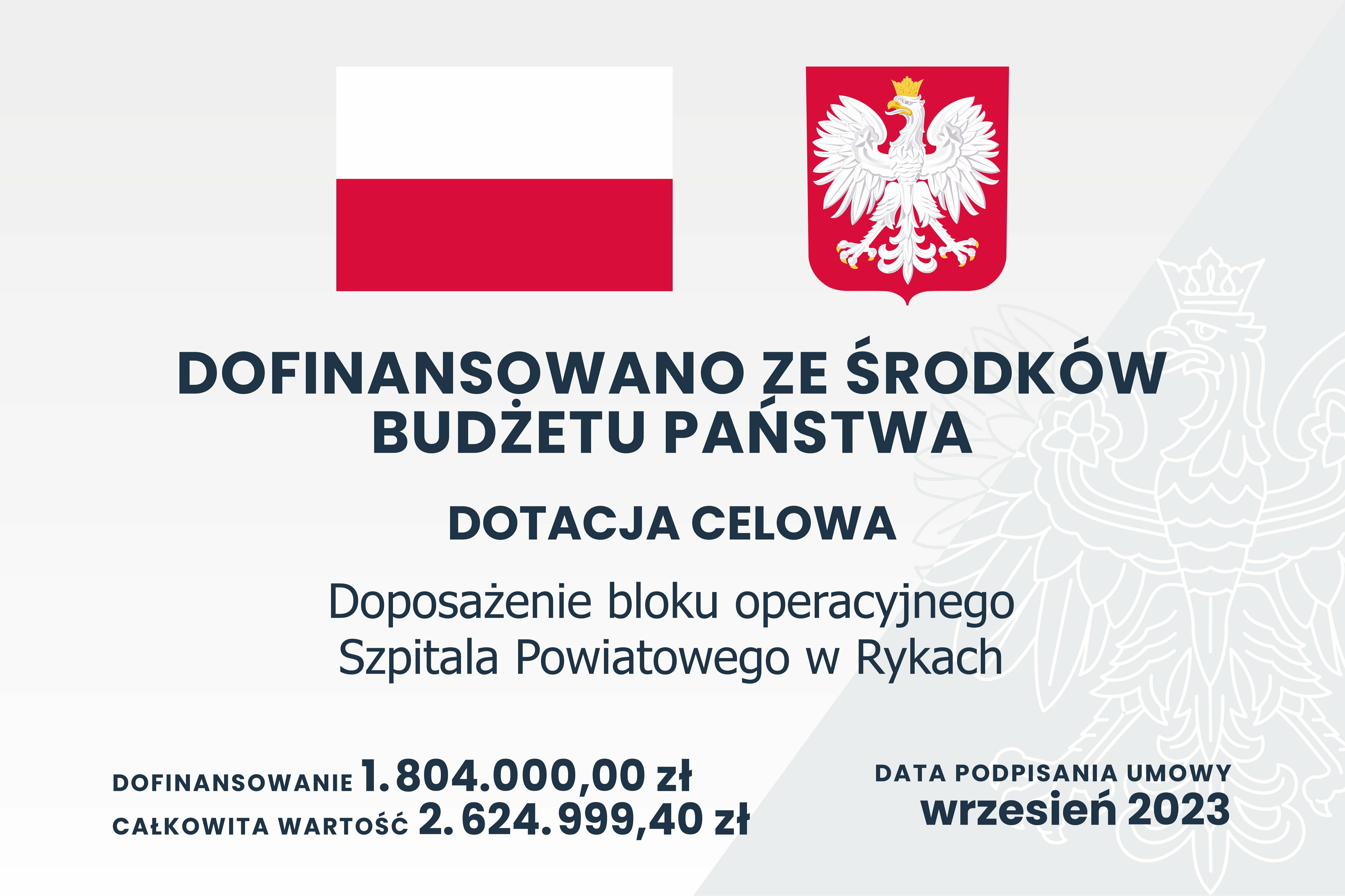 Infografika z polskimi symbolami narodowymi, informująca o dofinansowaniu budżetu państwa na wyposażenie bloku operacyjnego Szpitala Powiatowego w Rykach.