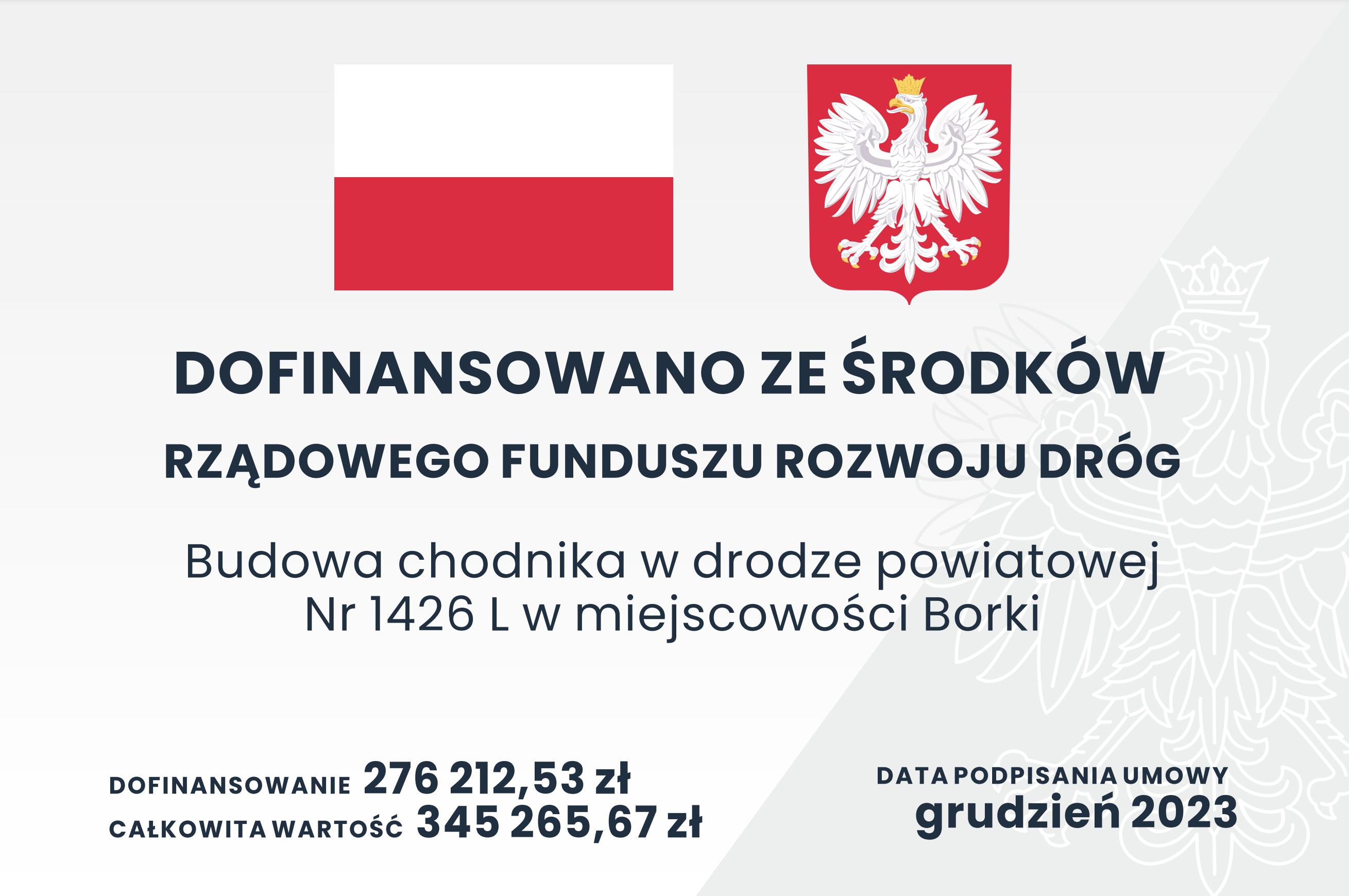 Zdjęcie przedstawia grafikę informacyjną z polskimi symbolami narodowymi, ogłaszającą dofinansowanie budowy chodnika z rządowego funduszu rozwoju dróg w miejscowości Borki.