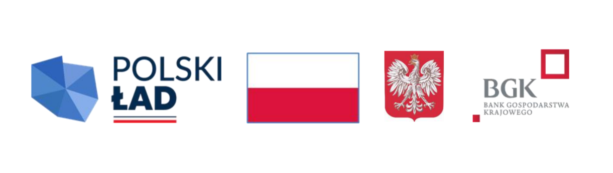 Logotypy trzech polskich instytucji: po lewej Polski Ład, środek to polska flaga, a po prawej Bank Gospodarstwa Krajowego (BGK).