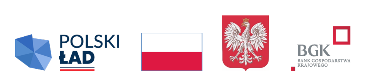 Opis 1: Logo "Polski Ład" z trójwymiarowym, niebieskim kształtem i czerwono-białym napisem.
Opis 2: Grafika flagi Polski, pozioma, z górnym białym i dolnym czerwonym pasem.
Opis 3: Czerwony herb Polski z orłem białym w koronie na tarczy.
Opis 4: Logo "BGK Bank Gospodarstwa Krajowego" z czerwonym kwadratem i białymi literami.