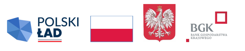 Logotyp "Polski Ład" z niebieskim origami, polska flaga, herb Polski z białym orłem na czerwonym tle, logotyp BGK z czerwonym kwadratem.