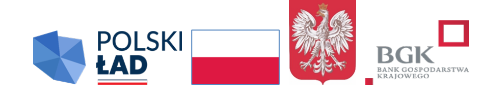 Logo "Polski Ład" z niebieską kostką, polska flaga, herb Polski - orzeł biały, logo BGK z czerwonym kwadratem.