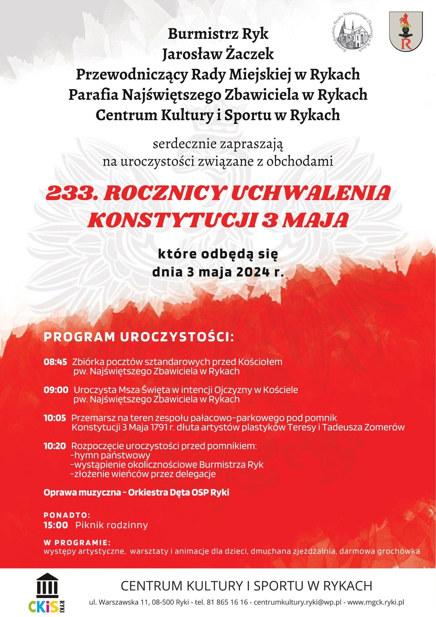 Opis alternatywny: Plakat wydarzenia w czerwono-białej kolorystyce ogłaszający uroczystości związane z "233. rocznicą Konstytucji 3 Maja". Zawiera harmonogram wydarzeń, informacje o miejscach i czasach obchodów, oraz logotypy wspierających organizacji.