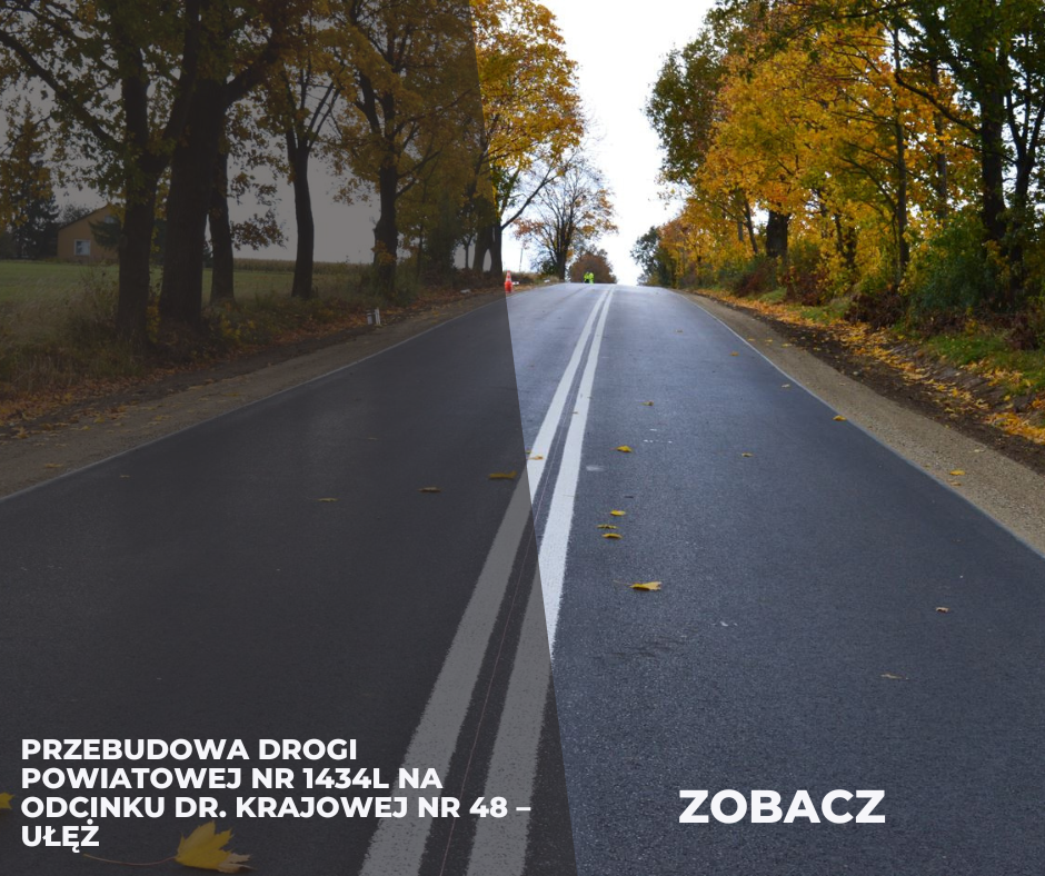 Droga asfaltowa otoczona drzewami w jesiennym krajobrazie, z opadłymi liśćmi na jezdni. Tekst na zdjęciu informuje o przebudowie drogi powiatowej.