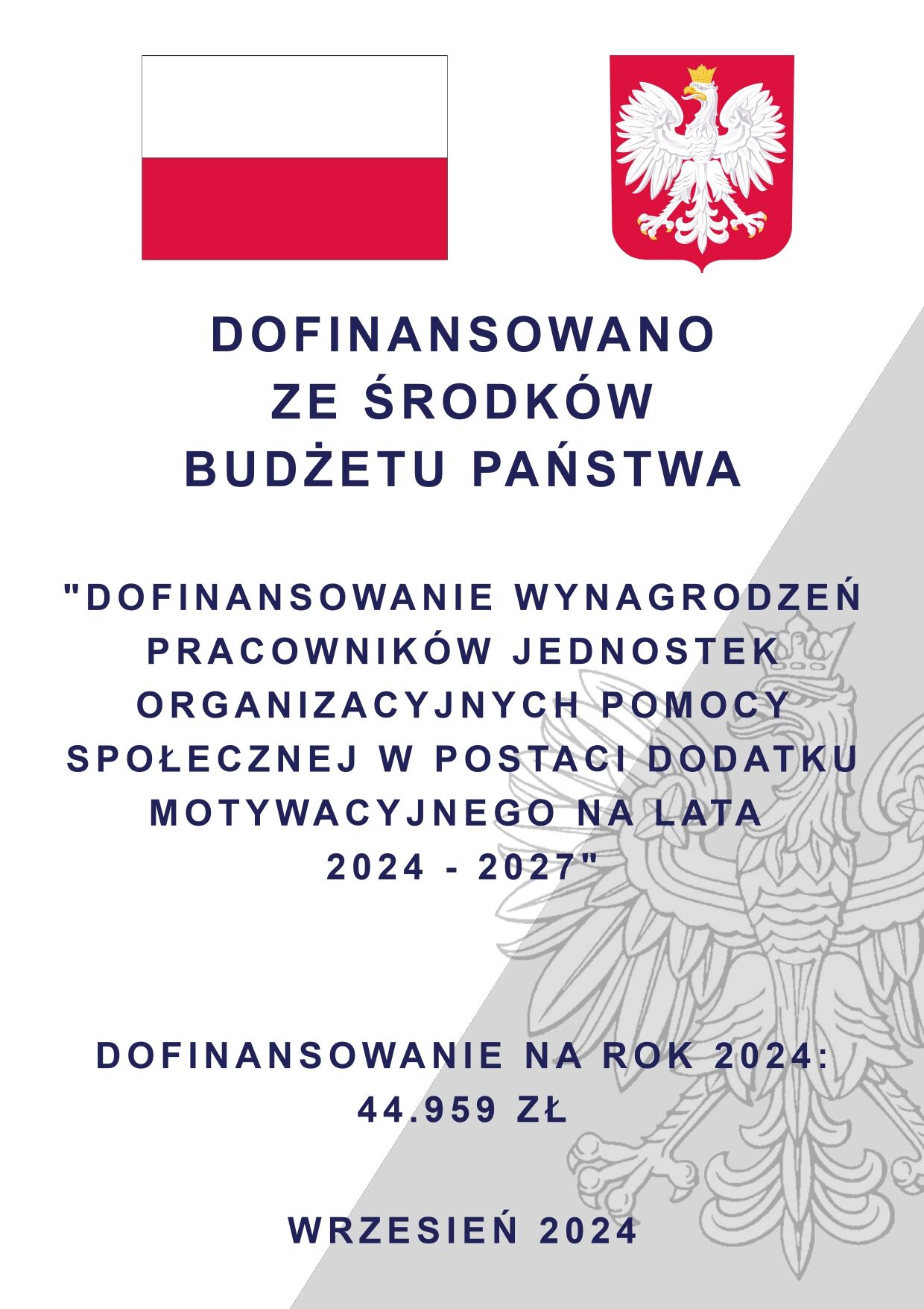 Zdjęcie przedstawia dokument z polskim godłem - białym orłem w koronie na czerwonym tle, z tekstem dotyczącym dofinansowania pracowników pomocy społecznej z budżetu państwa na rok 2024.