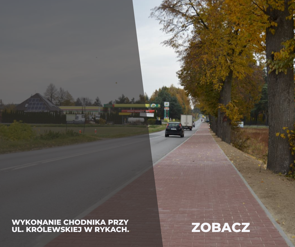 Przed i po: po lewej półstrona przedstawia niekompletną budowę chodnika przy drodze z samochodami, po prawej ukończony chodnik wzdłuż ulicy z drzewami.