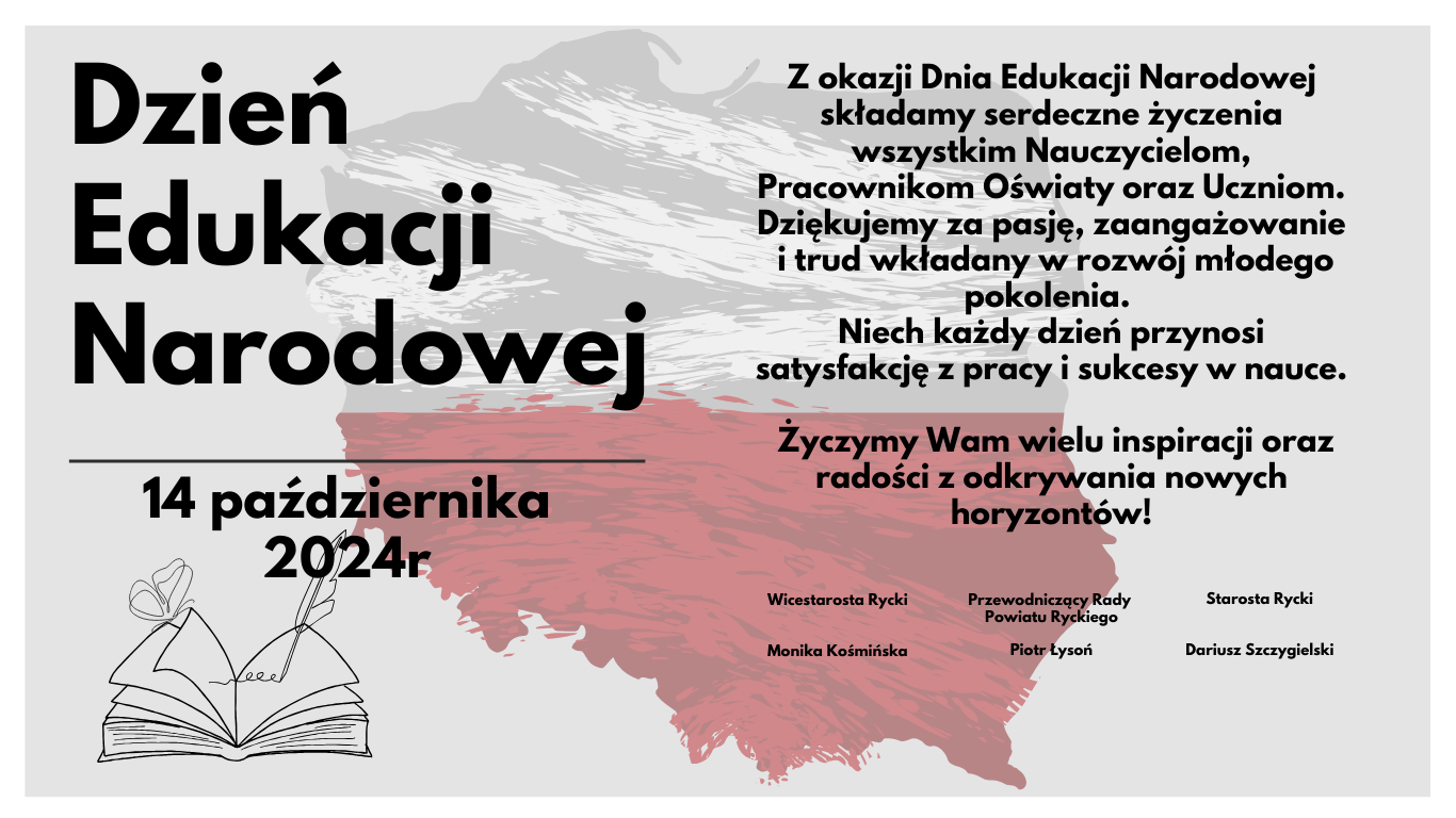 Plakat Dnia Edukacji Narodowej z otwartą książką, datą 14 października i życzeniami dla pracowników oświaty, na tle szarych plam.