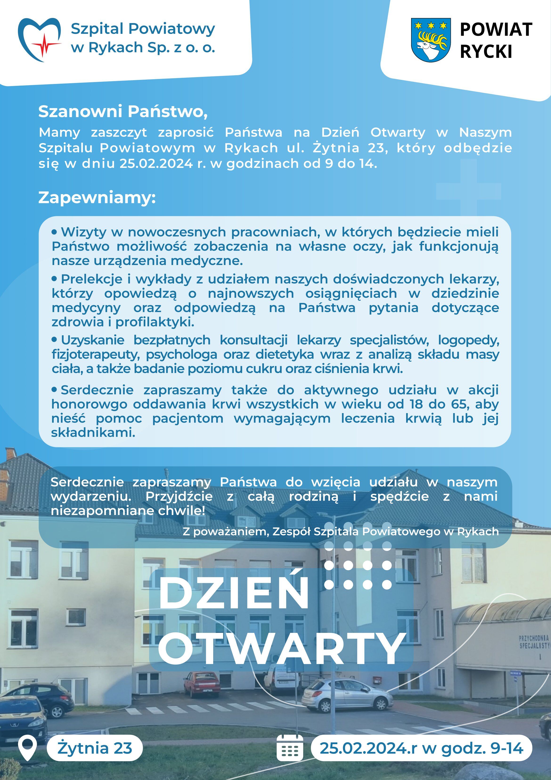 Plakat informacyjny o "Dniu Otwartym w Ryczkach" zapraszającym mieszkańców na wydarzenie w szpitalu z zaplanowanymi atrakcjami takimi jak warsztaty, demonstracje sprzętu medycznego i konsultacje, datowany na 25 lutego.