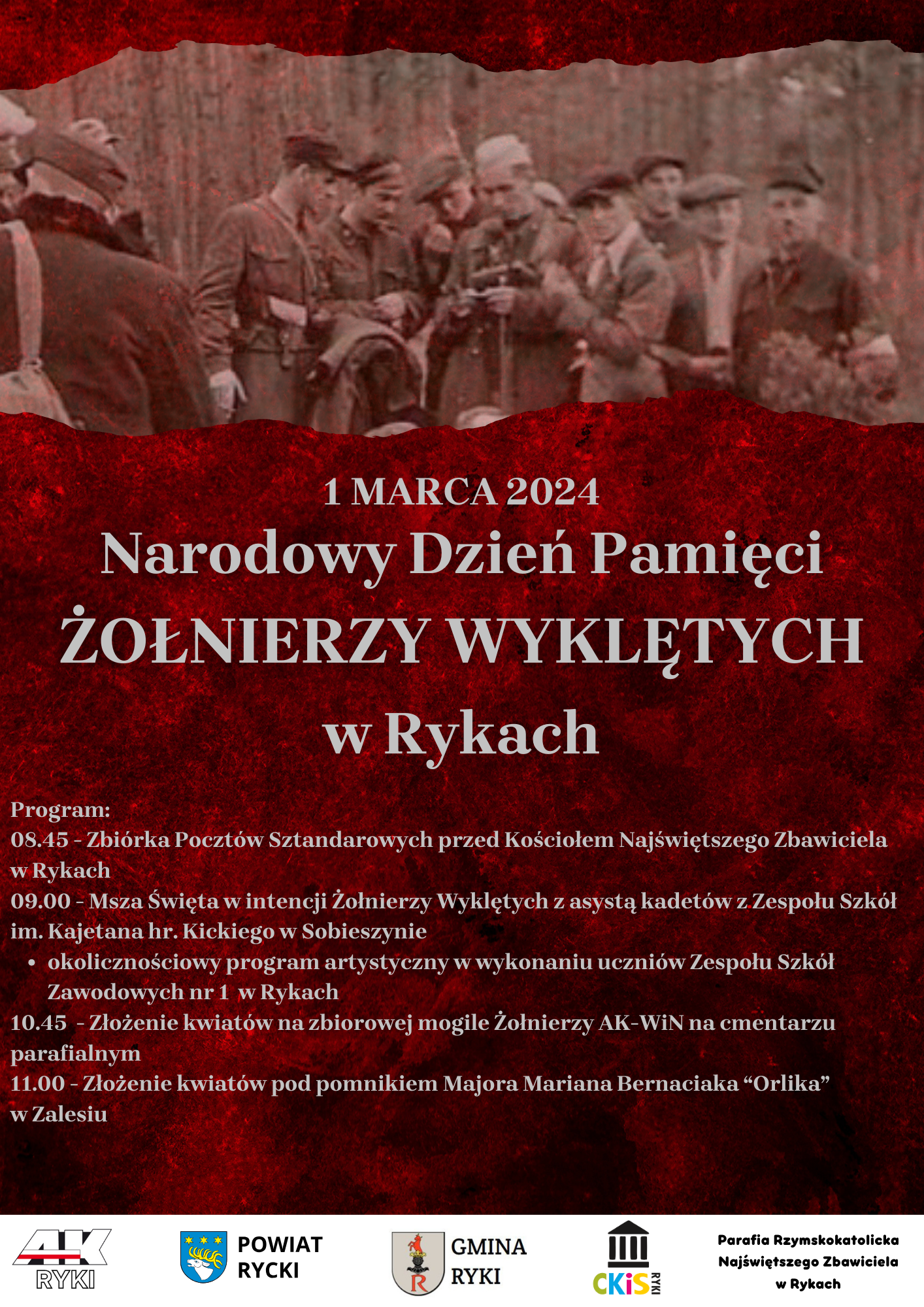 Pocztówka informacyjna o Narodowym Dniu Pamięci Żołnierzy Wyklętych z grafiką żołnierzy i rozpiską wydarzeń, w tym zbiórką, mszą, aktem pamięci i złożeniem kwiatów.