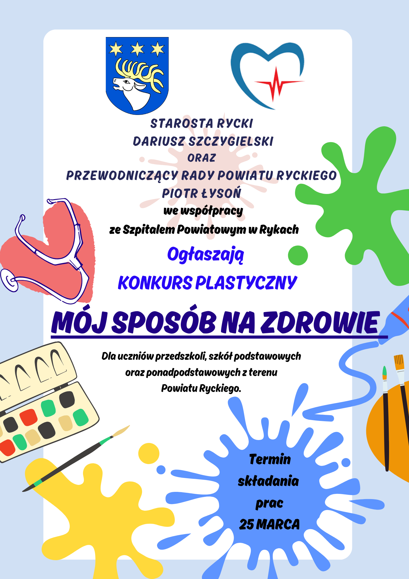 Plakat informacyjny z grafikami: zawiera herb, serce z pulsującą linią, zielone plamy, datę i miejsce konkursu, oraz detale organizacyjne.