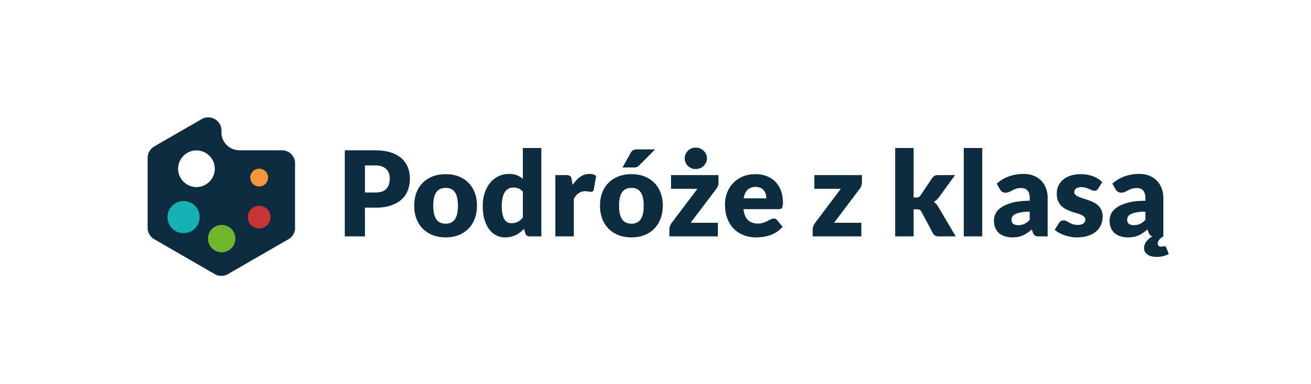 Logo "Podróże z Klasą" z kolorowymi kropkami reprezentującymi lokalizacje na tle czarnego tekstu.