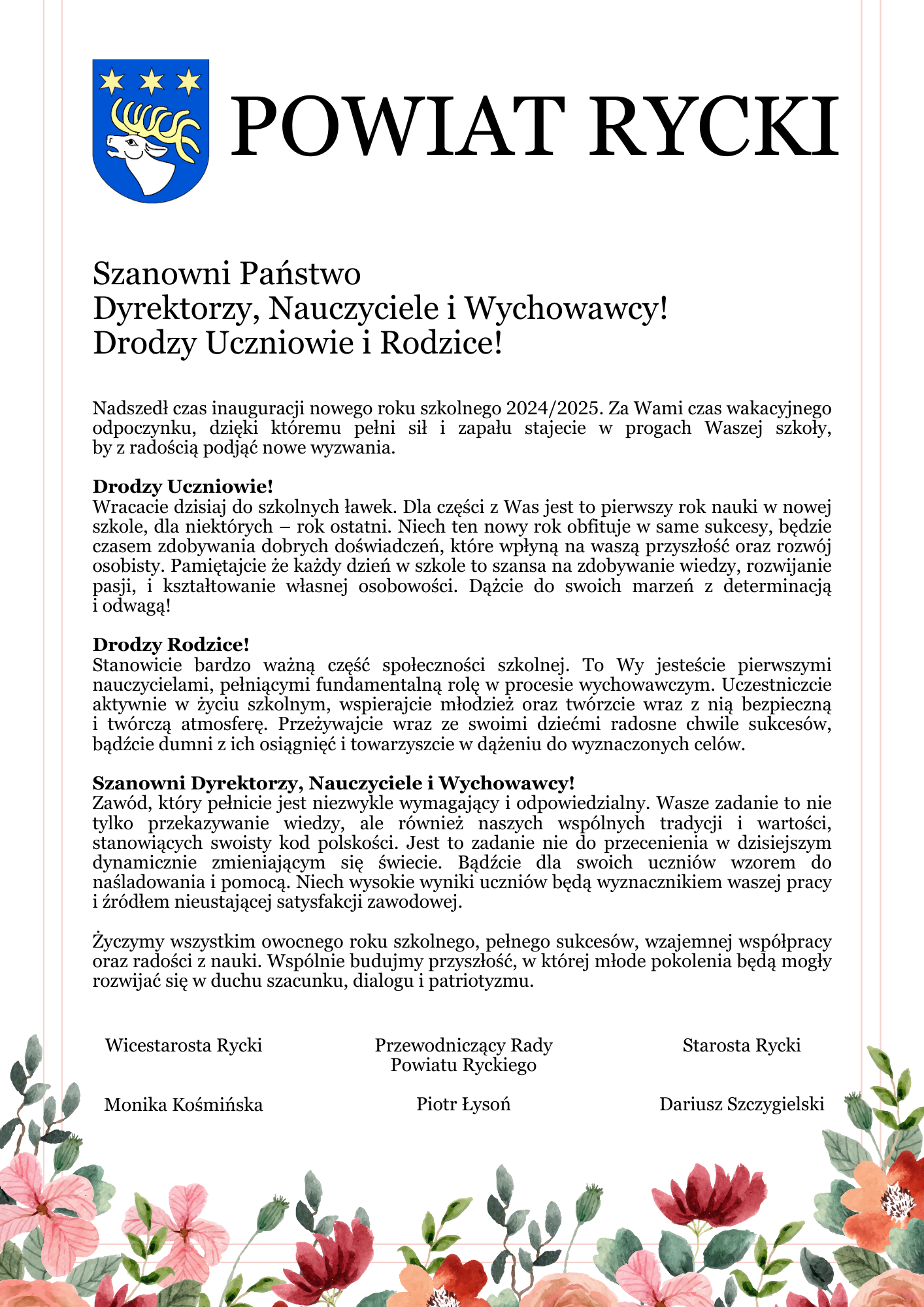 Obrazek przedstawiający oficjalny dokument od Powiatu Ryckiego, z elementami graficznymi, tekstem powitalnym i podpisami trzech osób.