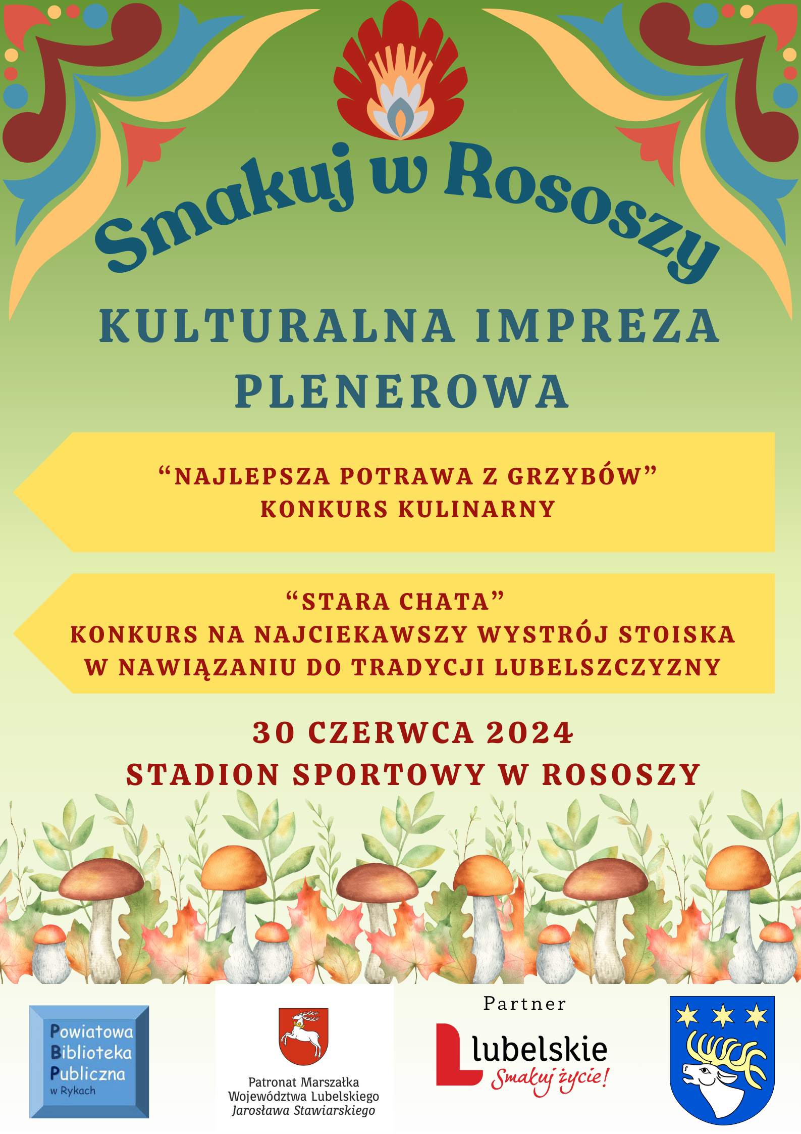 Plakat wydarzenia "Smakuj w Rososzy" z grafikami grzybów na dole i czerwonym tłem na górze, informacje o konkursach kulinarnych, wystawach i lokalnej tradycji.