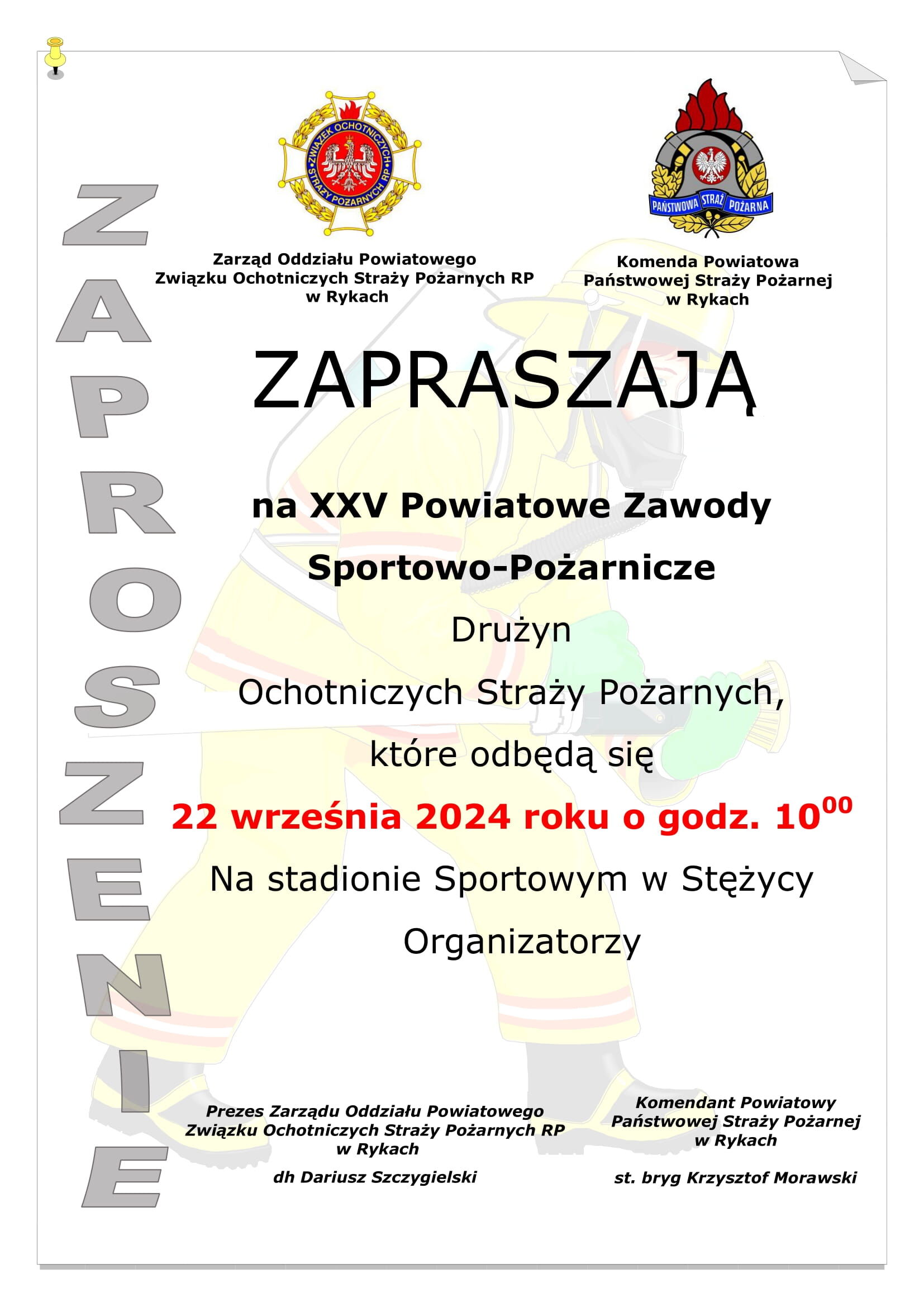 To zdjęcie przedstawia plakat zapraszający na Ogólnopolskie Zawody Sportowo-Pożarnicze drużyn ochotniczych straży pożarnych, które odbędą się w wrześniu 2024 roku.