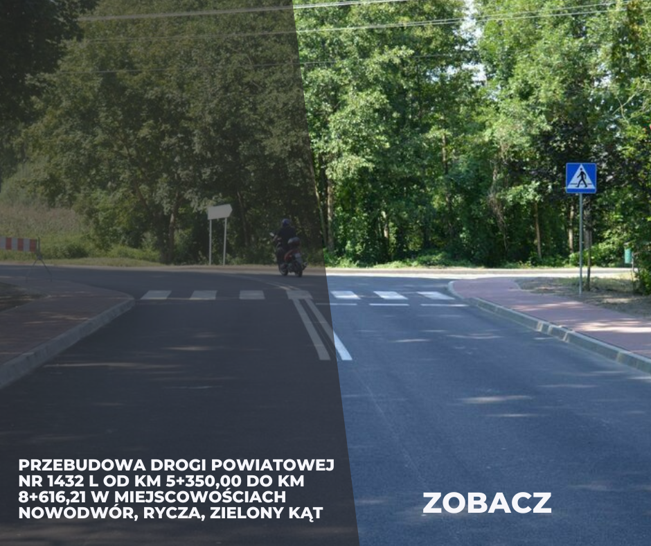 Zdjęcie przedstawia fragment drogi z przejściem dla pieszych i znakiem drogowym "ustąp pierwszeństwa", z motocyklem w oddali oraz zalesionym otoczeniem. Na dole widnieje napis informacyjny o przebudowie drogi.
