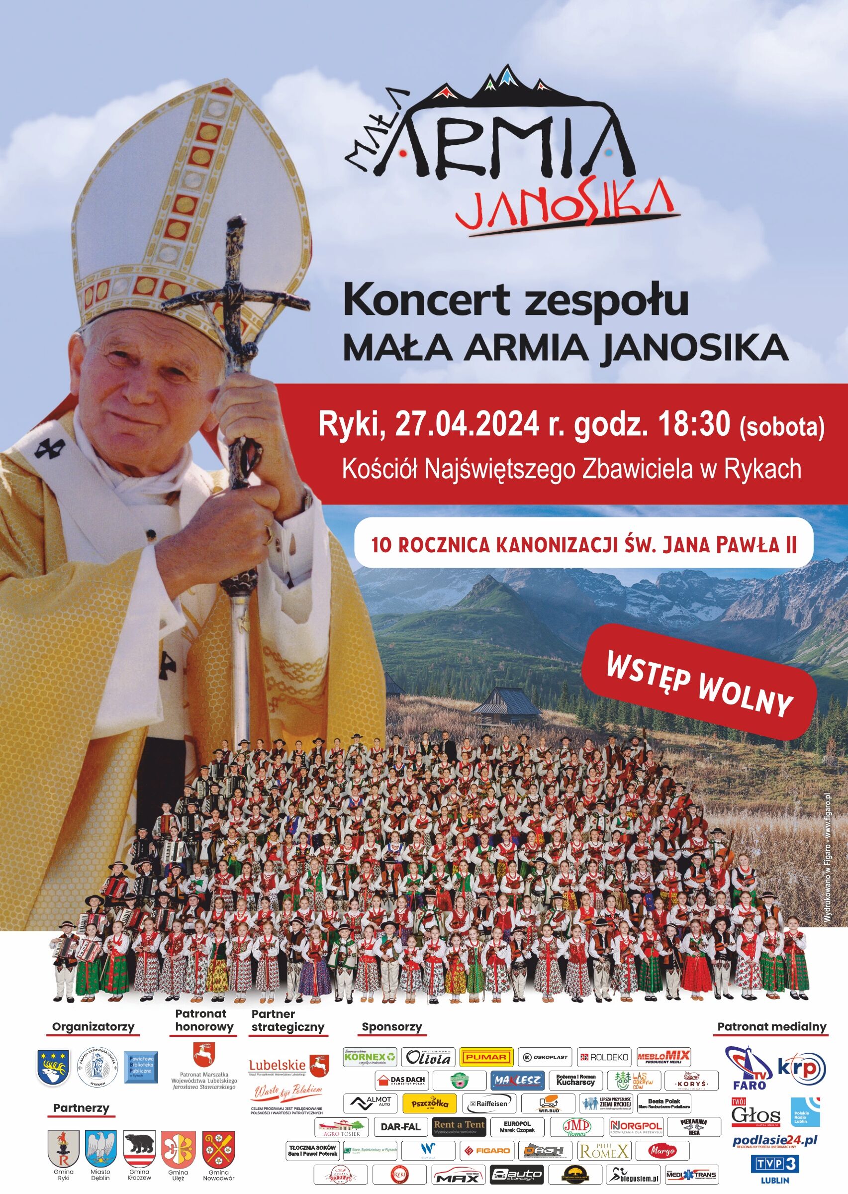 Plakat wydarzenia z postacią Jana Pawła II w centrum, w tle zielone wzgórza i niebo oraz wiele osób u dołu z logami sponsorów