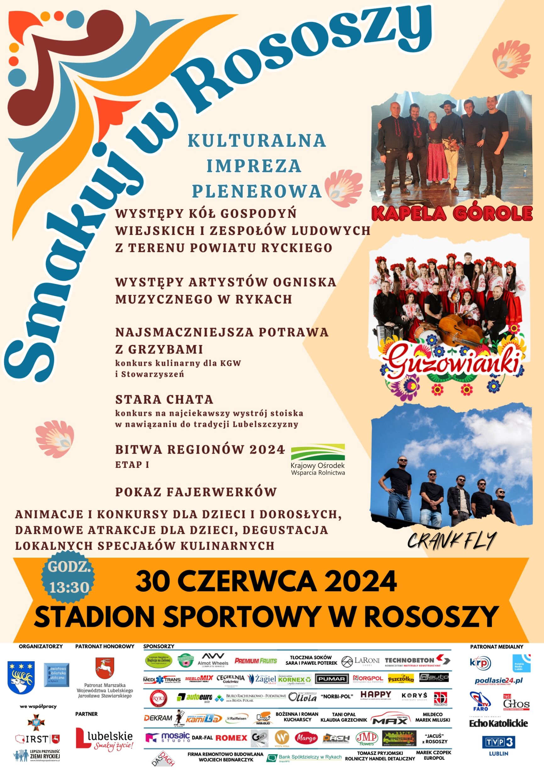 Plakat wydarzenia "Smaki i Kultura w Rososzy" z grafikami tańczących osób i potraw, zawiera informacje o występach, stoiskach kulinarowych, grach i konkursach. Na górze zdjęcie zespołu muzycznego.