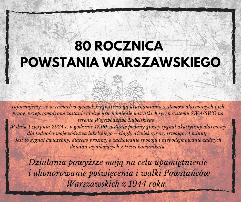 Zdjęcie przedstawia plakat z tekstem upamiętniającym 80. rocznicę Powstania Warszawskiego. Tło graficzne jest w stylu starodawnego papieru z rozmazanymi brzegami.