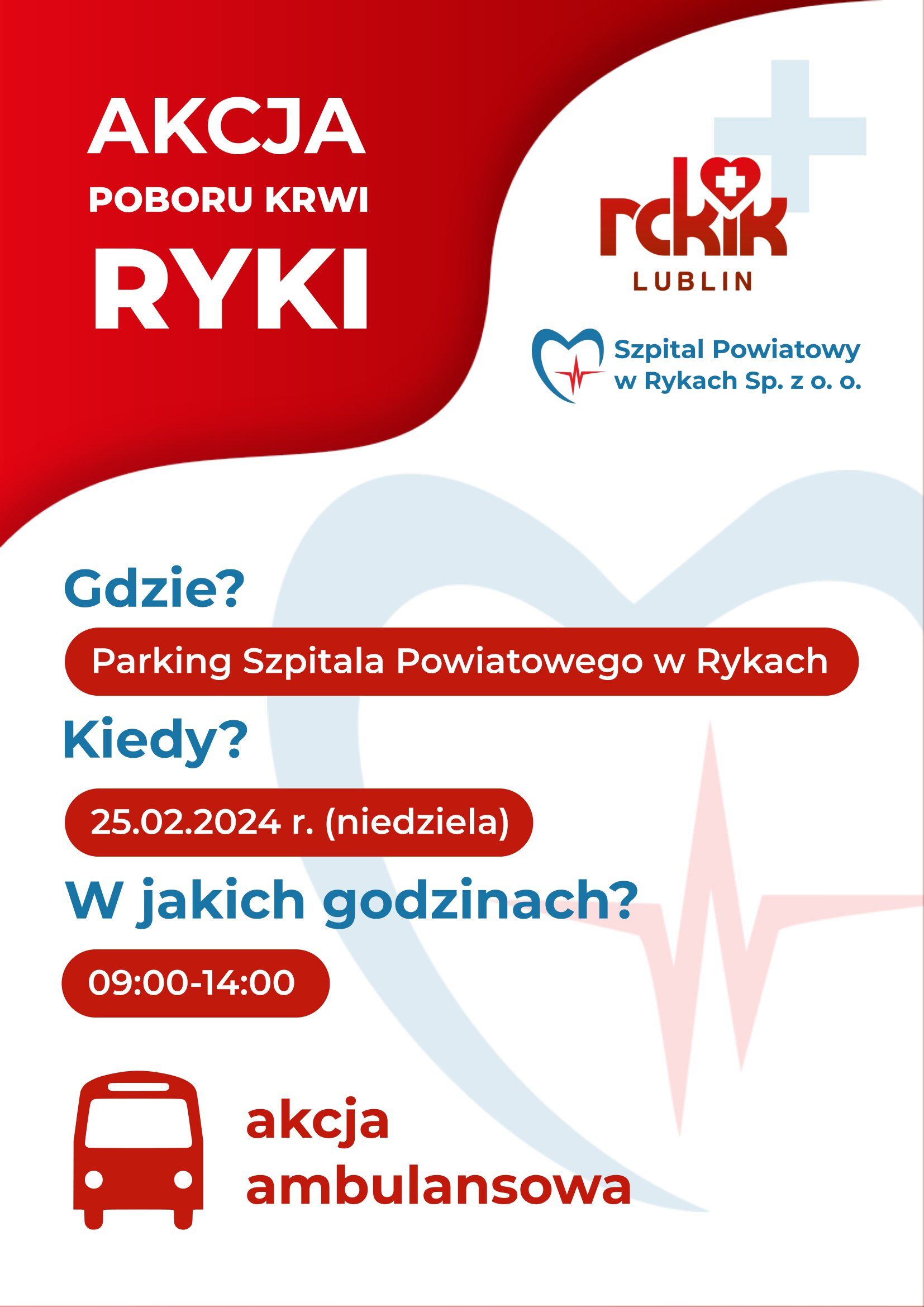 Plakat informacyjny o akcji poboru krwi w Rykach. Zawiera datę, miejsce i czas wydarzenia, logo centrum krwiodawstwa oraz symbole: serce i karetkę.