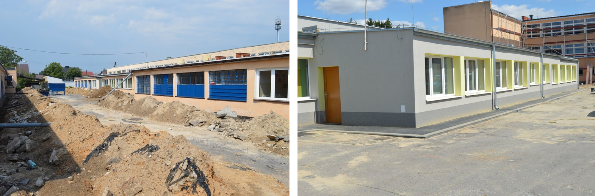 Zdjęcie 1: Budowa przy budynku szkolnym z widocznym wykopem i ziemią, niebieskie drzwi.
Zdjęcie 2: Odnowiony jednopiętrowy budynek szkolny z żółtymi akcentami i czystym podwórzem.