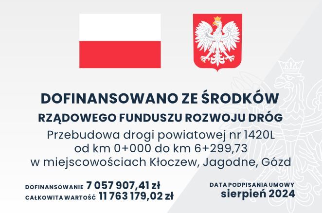 Na obrazie widoczna jest flaga Polski oraz herb z orłem. Tekst informuje o dofinansowaniu z Rządowego Funduszu Rozwoju Dróg na przebudowę drogi powiatowej nr 1420L. Data podpisania umowy to sierpień 2024.