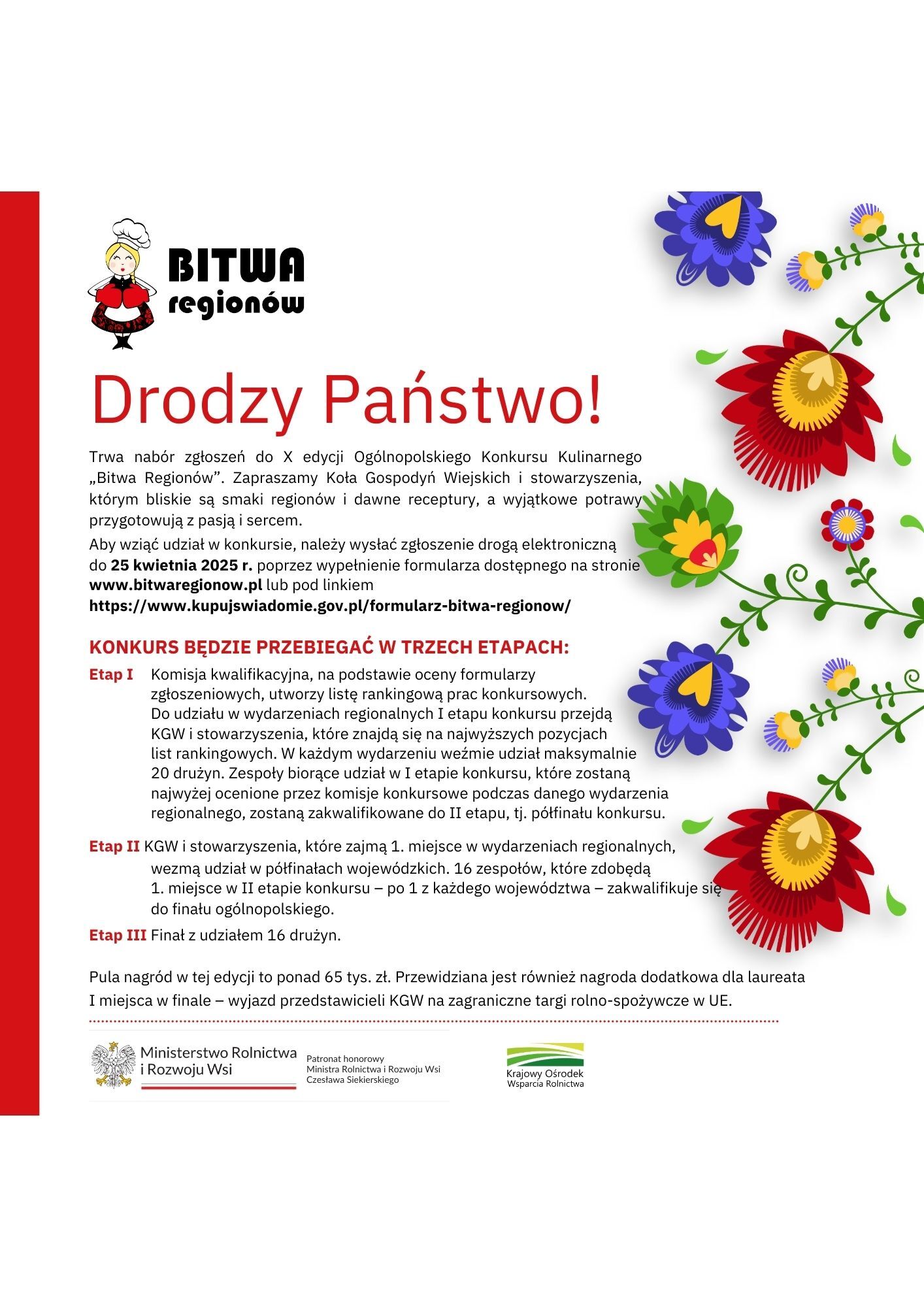 Plakat promujący Konkurs Kulinarny "Bitwa Regionów". Ozdobiony kolorowymi, kwiatowymi grafikami. Informacje o rejestracji do konkursu, terminach i link do formularza online.