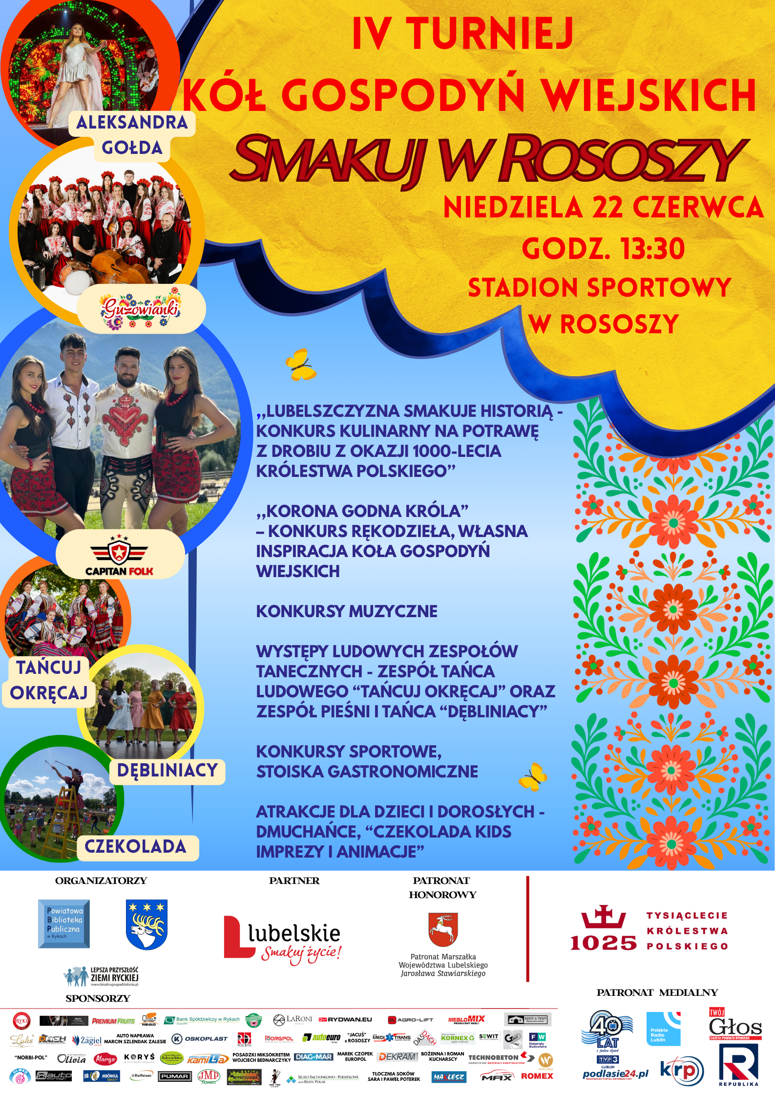Plakat zapowiadający IV Turniej Kół Gospodyń Wiejskich "Smakuj w Rososzy". Zawiera datę, miejsce wydarzenia oraz informacje o atrakcjach, takich jak gotowanie, występy artystyczne i konkursy kulinarne.