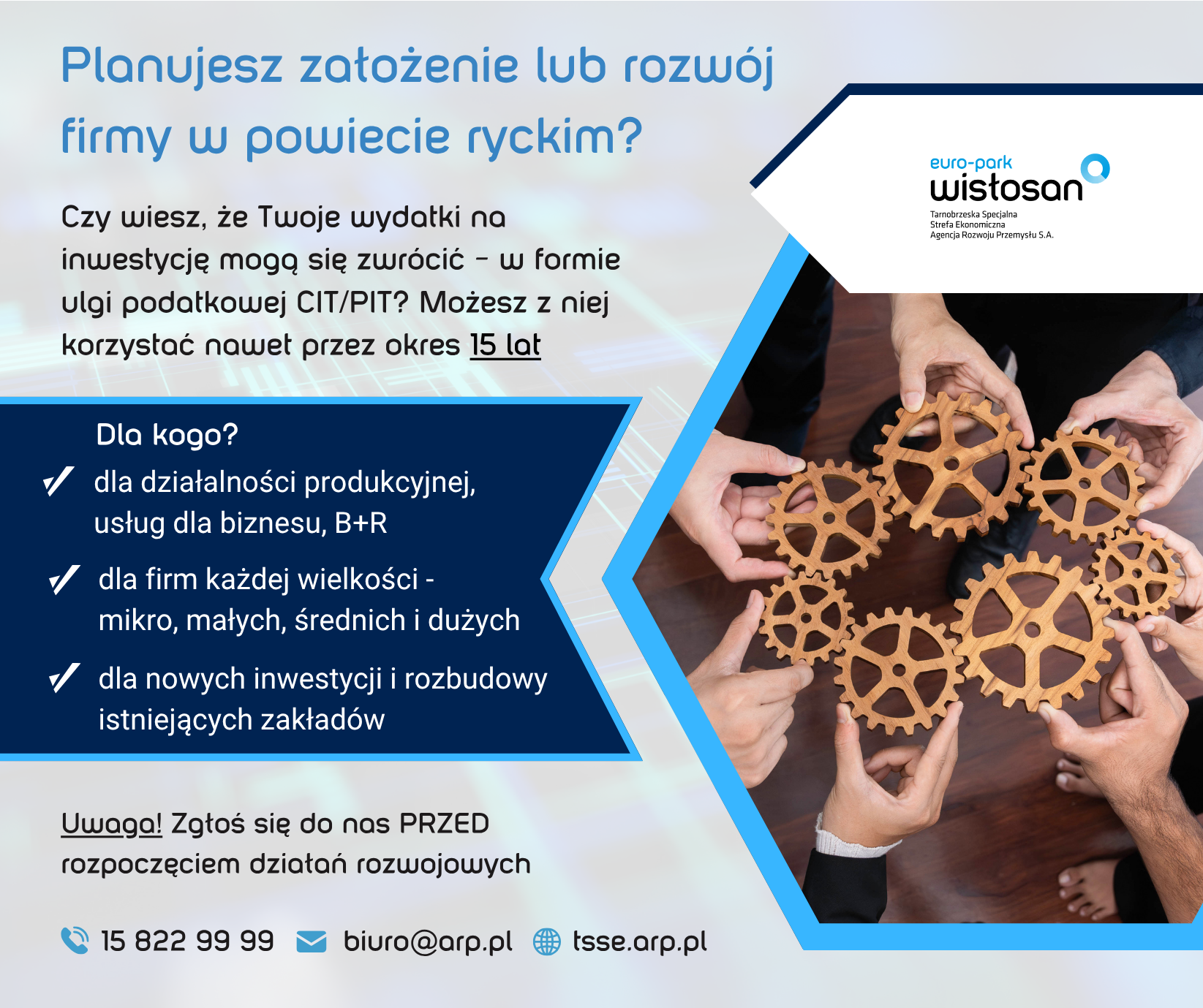Plakat informacyjny o zakładaniu lub rozwijaniu firmy w powiecie ryckim. Zawiera informacje o ulgi podatkowej, kontakty i grupę ludzi analizujących biznesowe dokumenty.