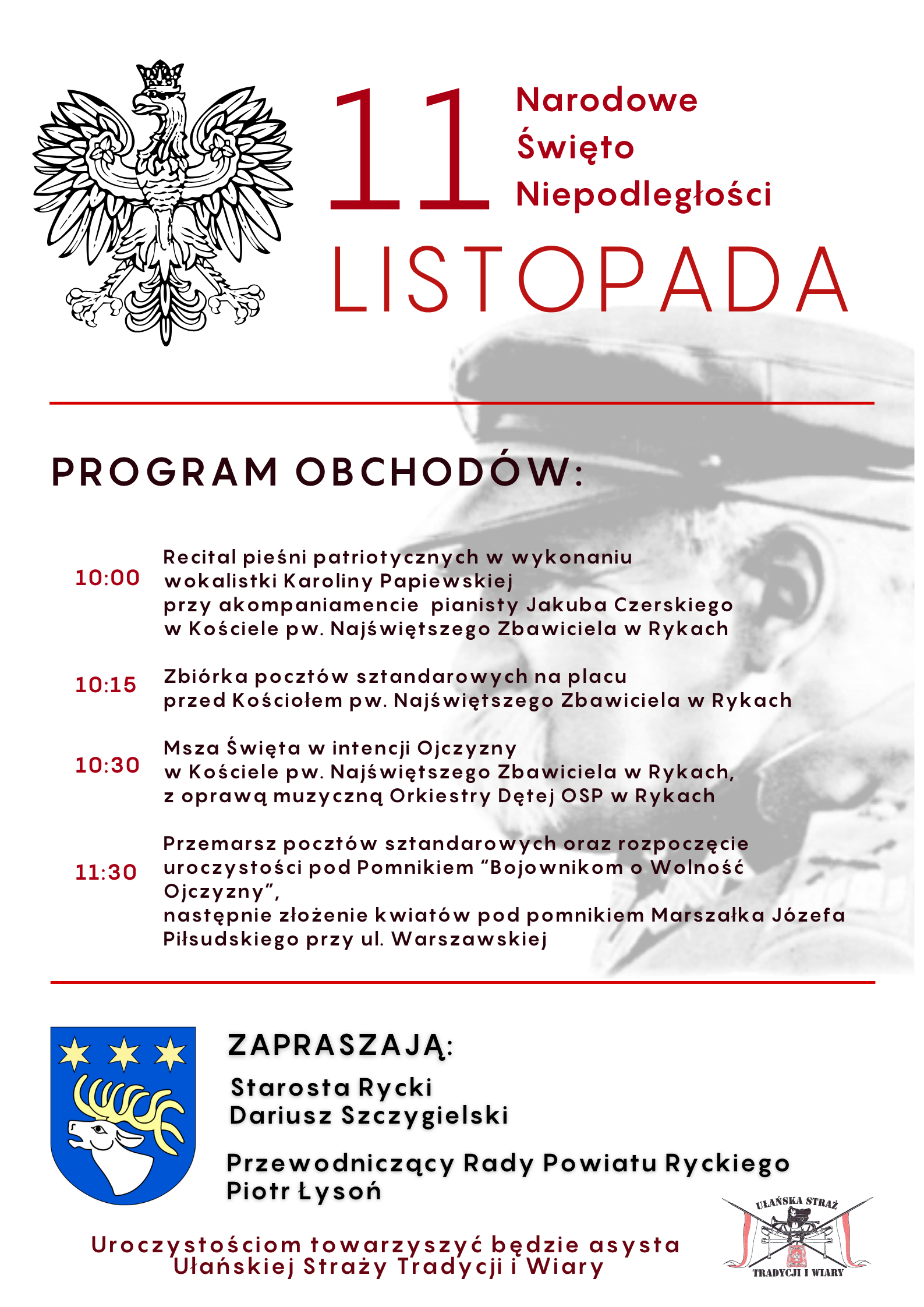 Plakat informujący o obchodach 11 listopada w Rykach. Zawiera program, w tym recital, msza, złożenie kwiatów i występy artystyczne. W prawym dolnym rogu herb oraz logo Ułańskiej Straży Tradycji i Wiary.