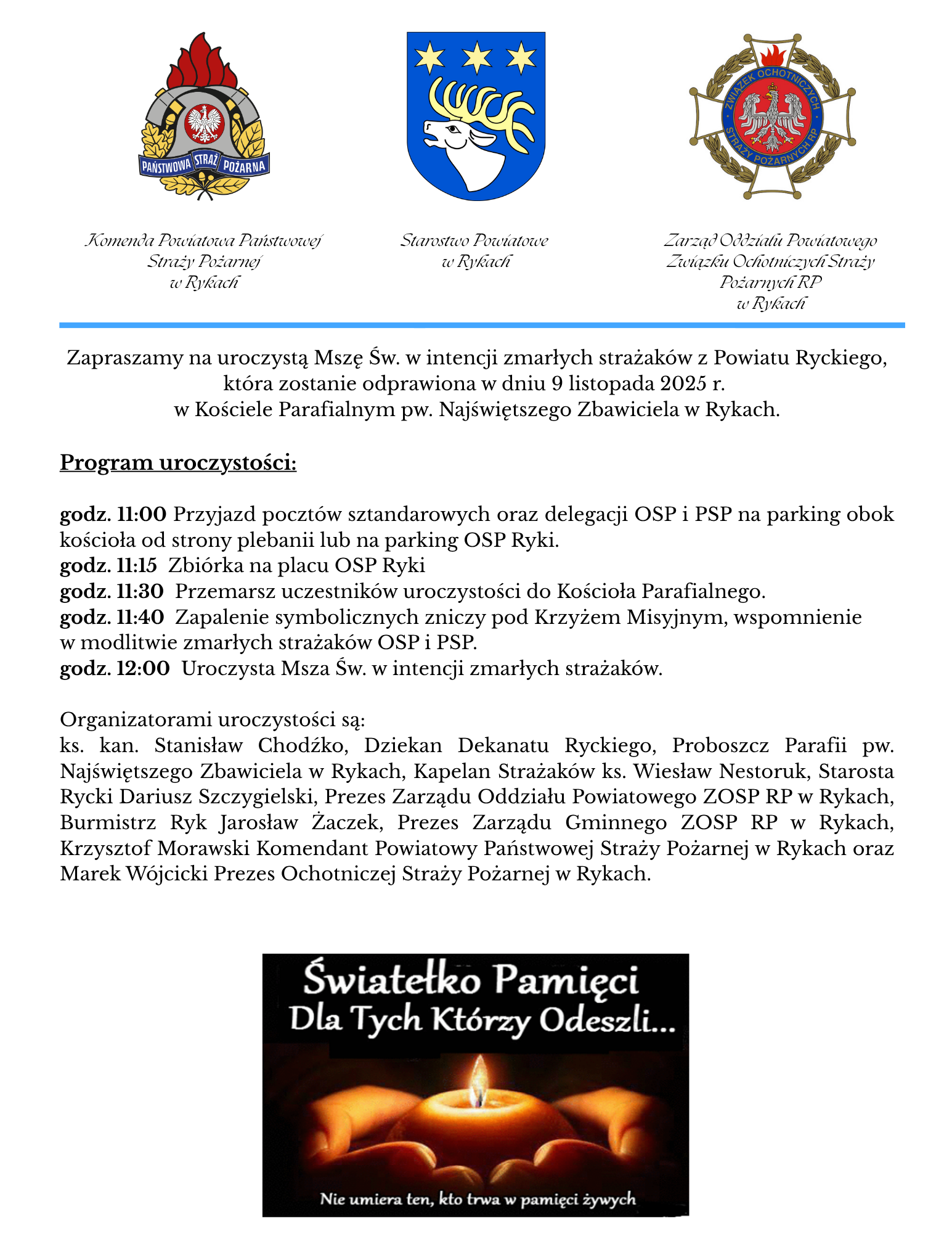 Plakat informujący o mszy św. za zmarłych strażaków z Powiatu Ryckiego. Zawiera herb powiatu, program uroczystości, datę 11 listopada 2023 r., miejsce – Kościół Parafialny w Rykach oraz godziny wydarzeń.