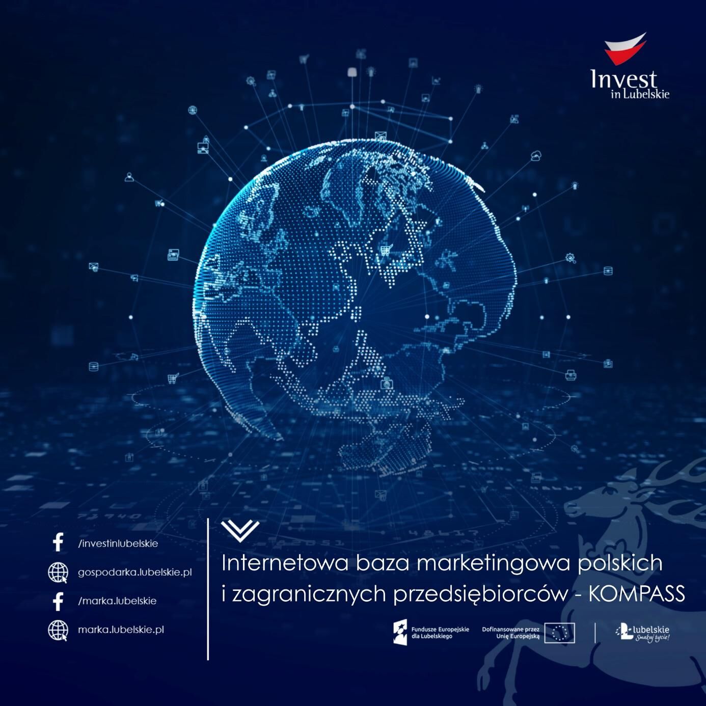 Cyfrowa grafika przedstawiająca kulę ziemską z połączeniami sieciowymi na ciemnym tle. Na dole znajdują się loga i tekst dotyczący bazy marketingowej przedsiębiorc&oacute;w oraz hasztagi i ikony medi&oacute;w społecznościowych.
