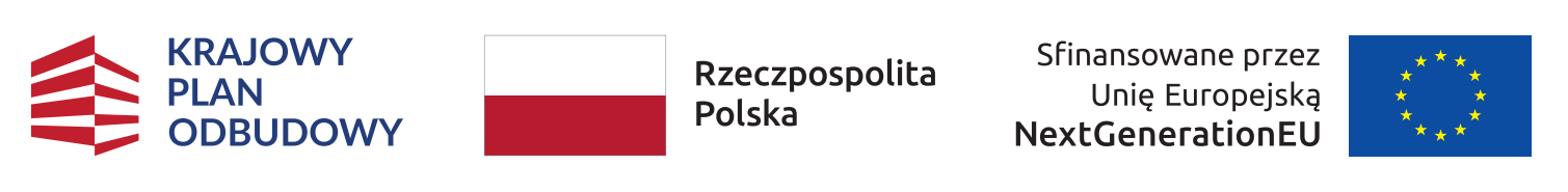 Logo Krajowego Planu Odbudowy z czerwonym symbolem wzrostu. Obok flaga Polski i tekst "Rzeczpospolita Polska". Po prawej napis o finansowaniu przez Unię Europejską NextGenerationEU oraz flaga UE z ż&oacute;łtymi gwiazdami.