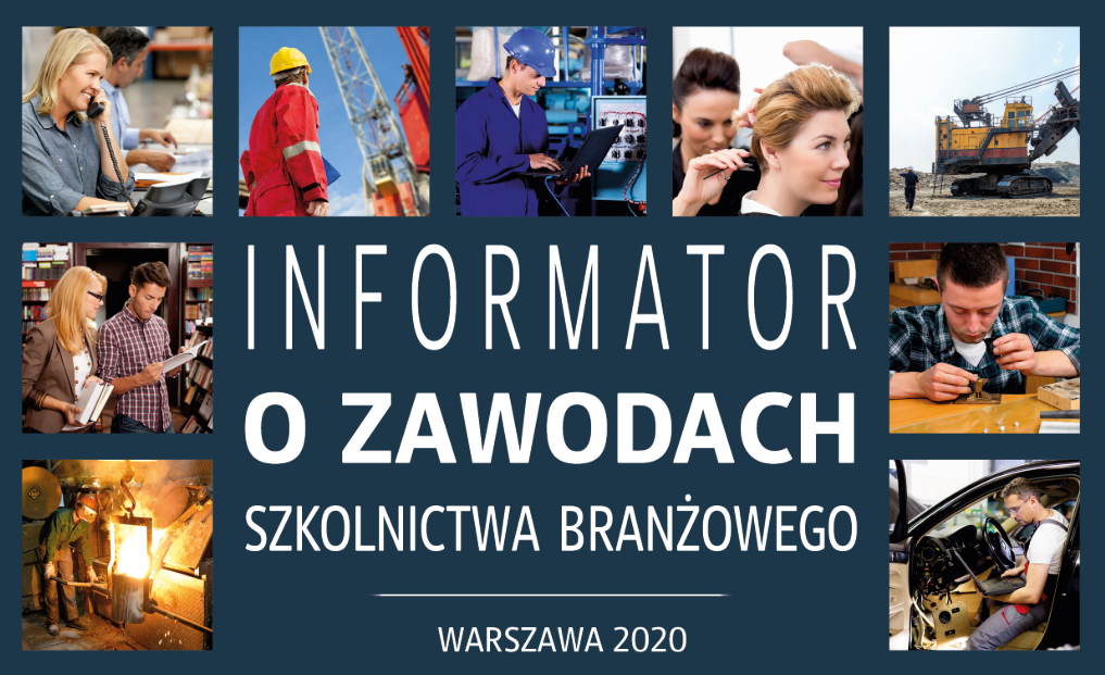 Kolaż różnych zawodów: budownictwo, sprzedaż, edukacja, fryzjerstwo, rzemiosło, motoryzacja z napisem 