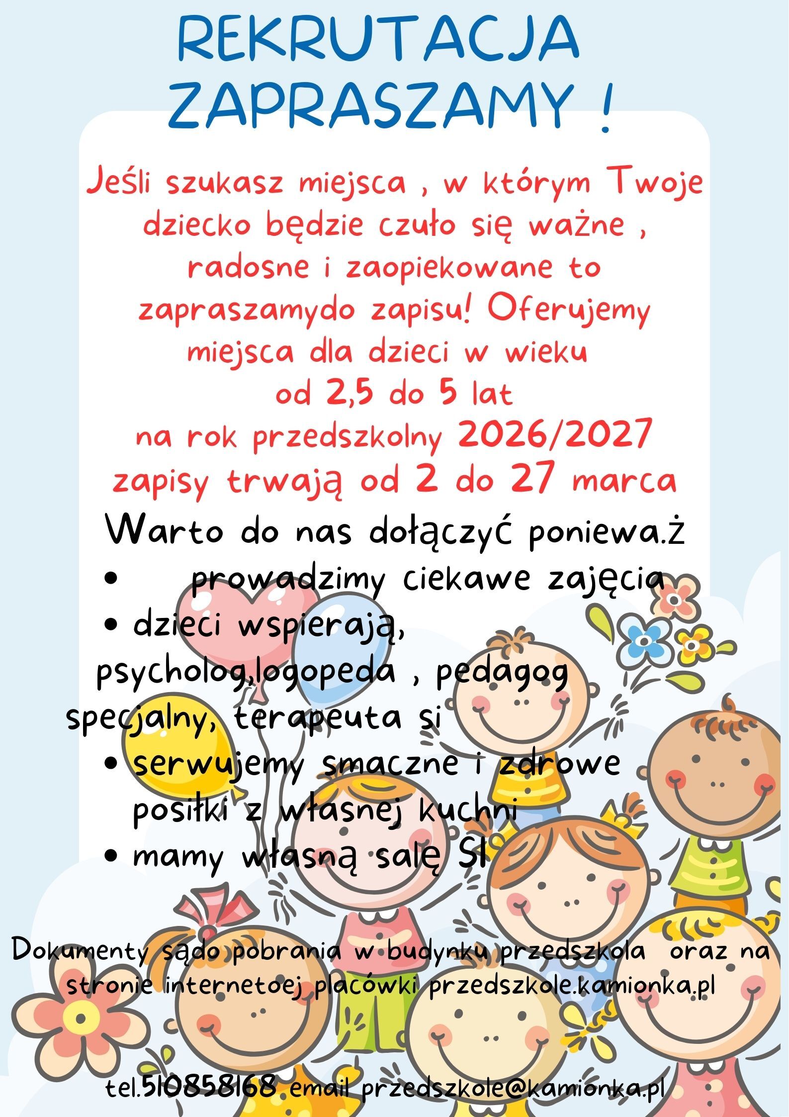 Plakat rekrutacyjny do przedszkola na rok 2026/2027 z ilustracją uśmiechniętych dzieci na dole. Informacje o zapisach, zajęciach, i kontakcie. Tekst w kolorze niebieskim, czerwonym i czarnym.