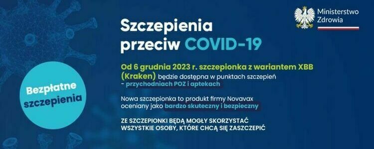 Alternatywny opis: Grafika informacyjna Ministerstwa Zdrowia o szczepieniach przeciw COVID-19 z informacją o dostępności szczepionki przeciwko wariantowi XBB (Kraken) od grudnia 2023; napis "Bezpłatne szczepienia" i logo ministerstwa.