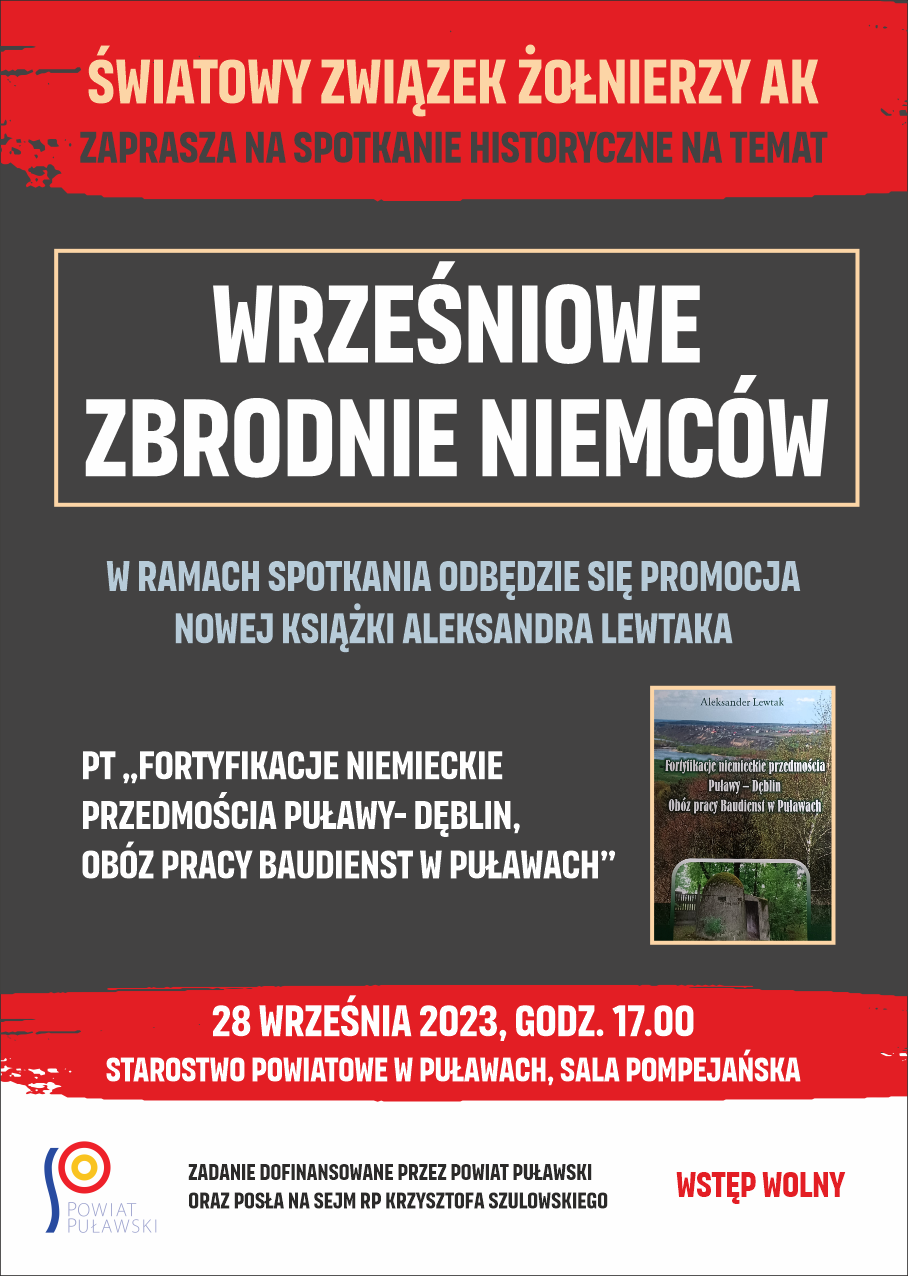 Plakat informacyjny o wykładzie historycznym na temat Zbrodnie Niemców w Rajbrot. Zawiera czerwono-czarne elementy, zdjęcie książki, datę i miejscowość.