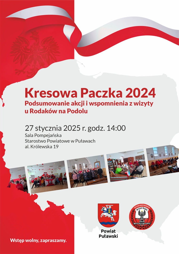 27 stycznia o godz. 14:00 zapraszamy na podsumowanie akcji "Kresowa Paczka 2024". Spotkanie odbędzie się w Sali Pompejańskiej w budynku Starostwa Powiatowego w Puławach, al. Królewska 19.