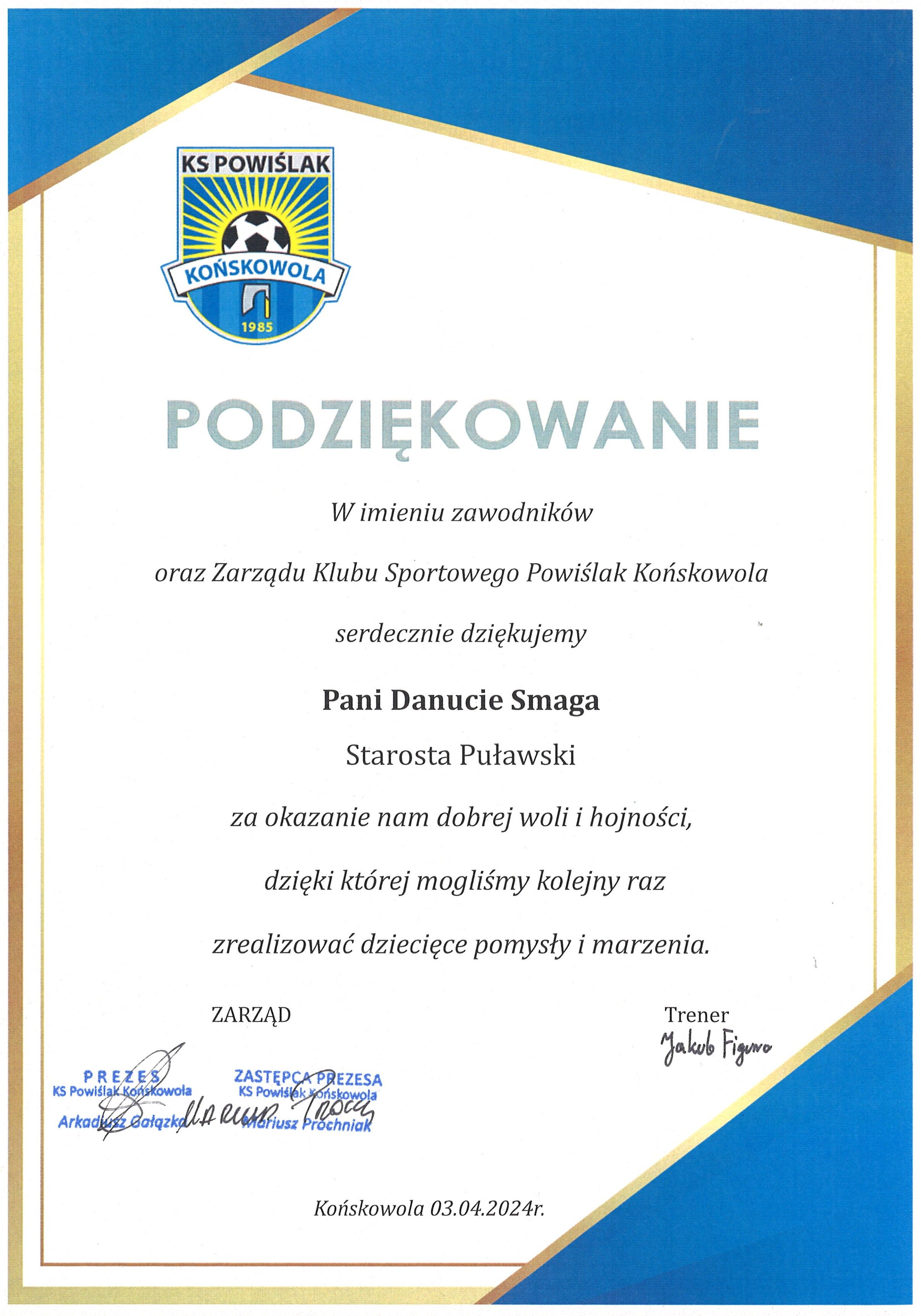Podziękowanie od Zarządu Klubu Sportowego Powiślak Końskowola dla starosty puławskiego Danuty Smagi