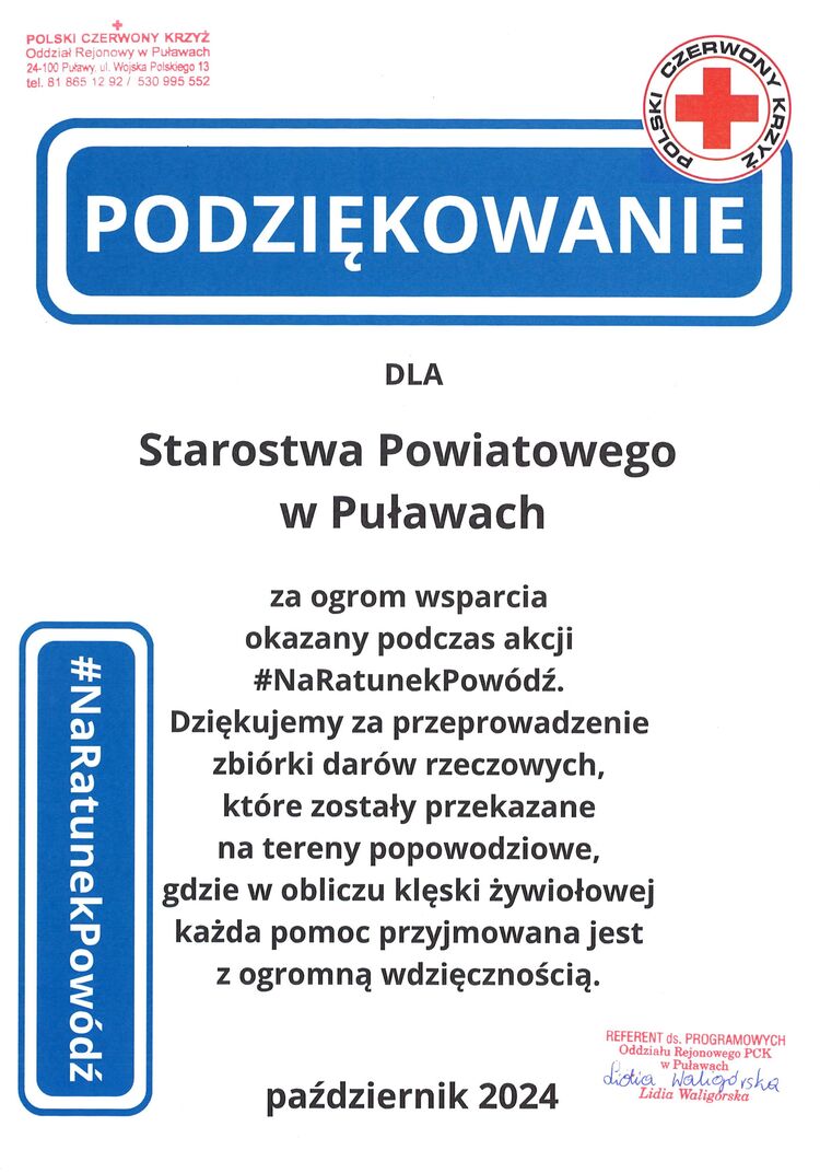 Pomaganie potrzebującym to wyraz naszego człowieczeństwa. Dziś otrzymaliśmy podziękowanie od Oddziału Rejonowego Polskiego Czerwonego Krzyża w Puławach. To podziękowanie należy się wszystkim osobom osobom i instytucjom, tak ofiarnie niosącym pomoc powodzianom. Dziękujemy i my!