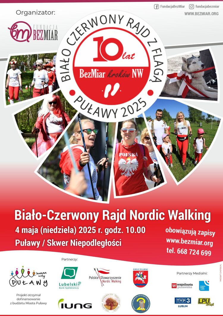 Biało-Czerwony Rajd z Flagą - Puławy 2025, 4 maja godz. 10:00. Barwy biało-czerwone, zdjęcia ludzi uprawiających nordic walking, loga organizatorów i sponsorów