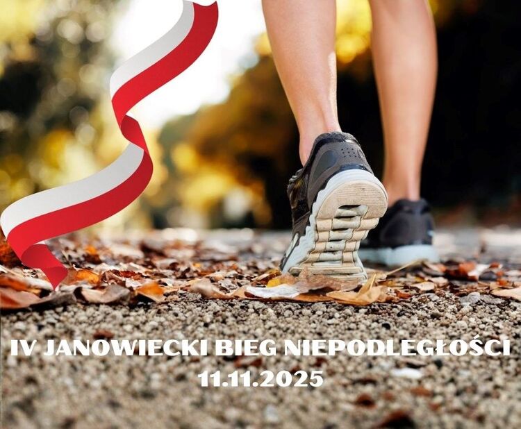 Nogi biegacza, biało-czerwona wstęga, napis IV Janowiecki Bieg Niepodległości
