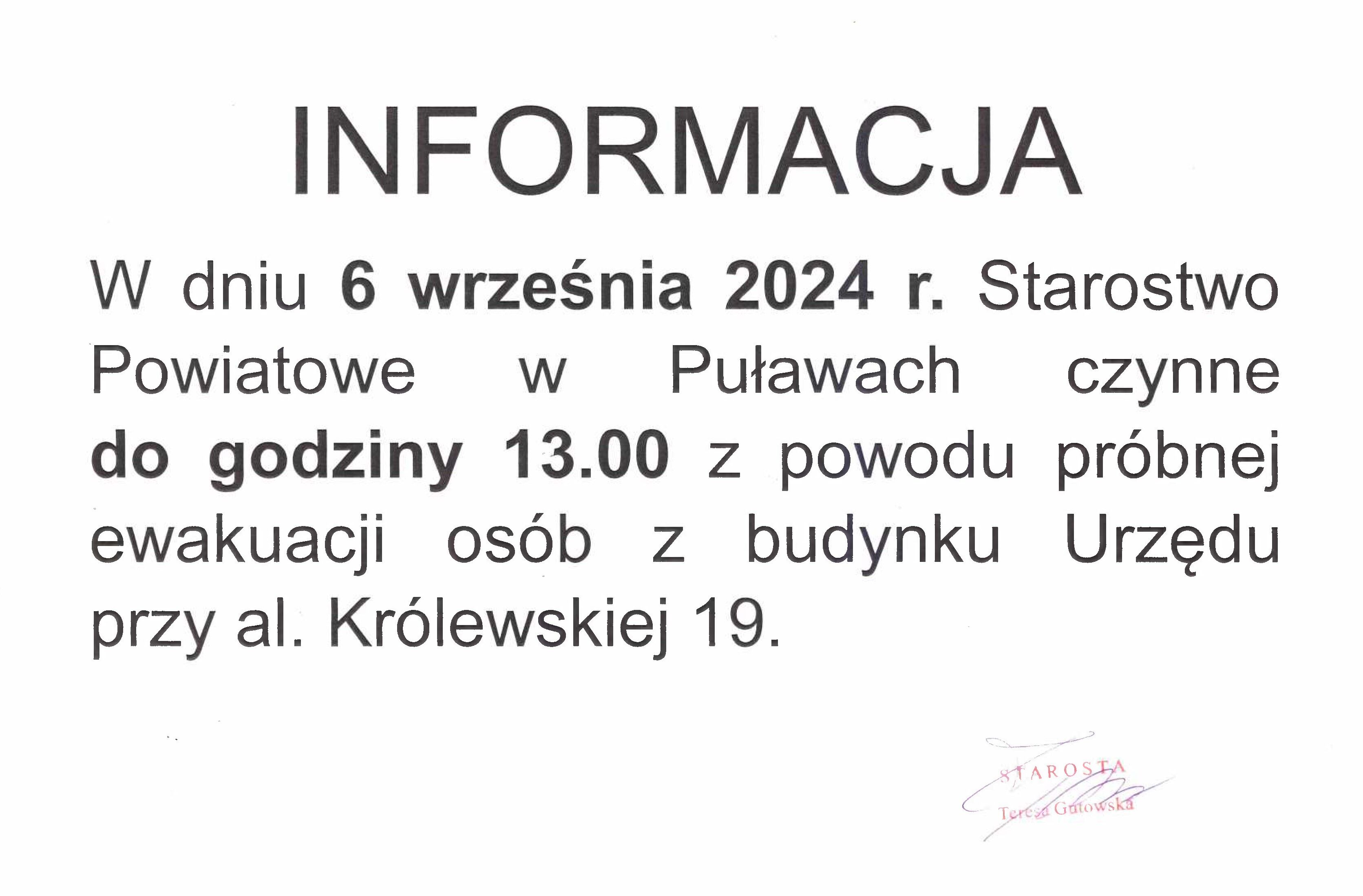 Tekst informacyjny o ewakuacji osób z budynku Urzędu przy ul. Królewskiej 19 do godziny 13:00 dnia 6 września 2024 z powodu próbnej ewakuacji, z logo Starostwa w tle.