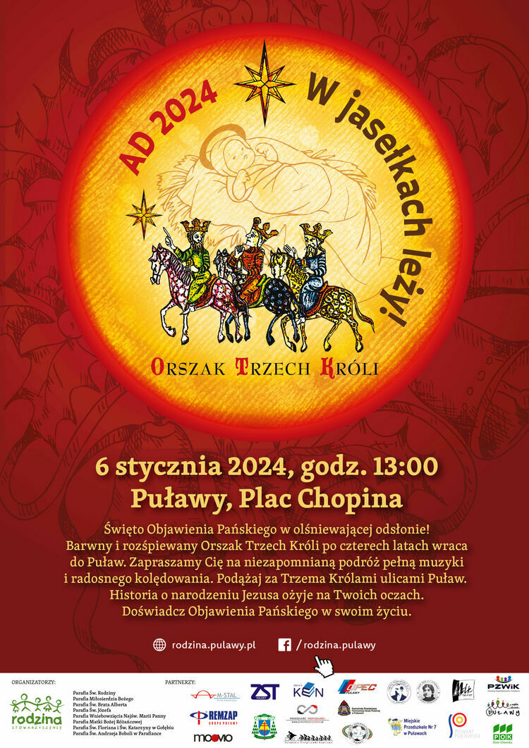 Plakat zapowiadający Orszak Trzech Króli w Pławnie, z grafiką przedstawiającą mędrców idących do Betlejem oraz informacjami o wydarzeniu, datą, miejscem i godziną.