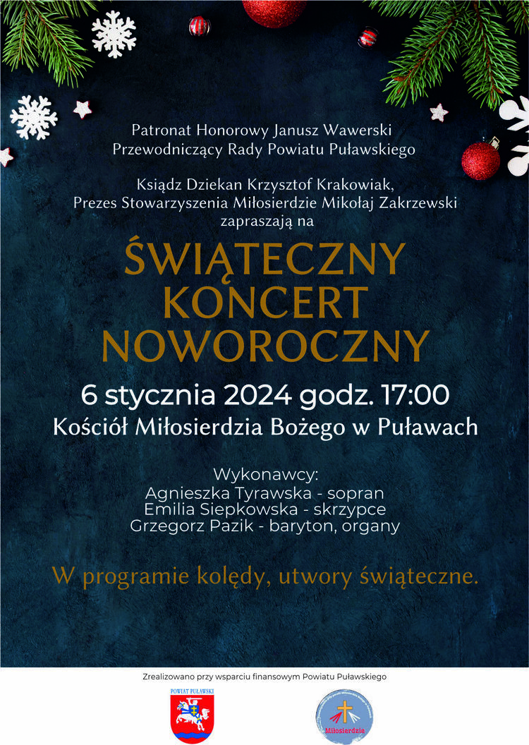 Plakat zapraszający na Świąteczny Koncert Noworoczny, z datą 6 stycznia 2024, godzina 17:00, w Kościele Milosierdzia Bożego w Puławach, ozdobiony motywami świątecznymi.