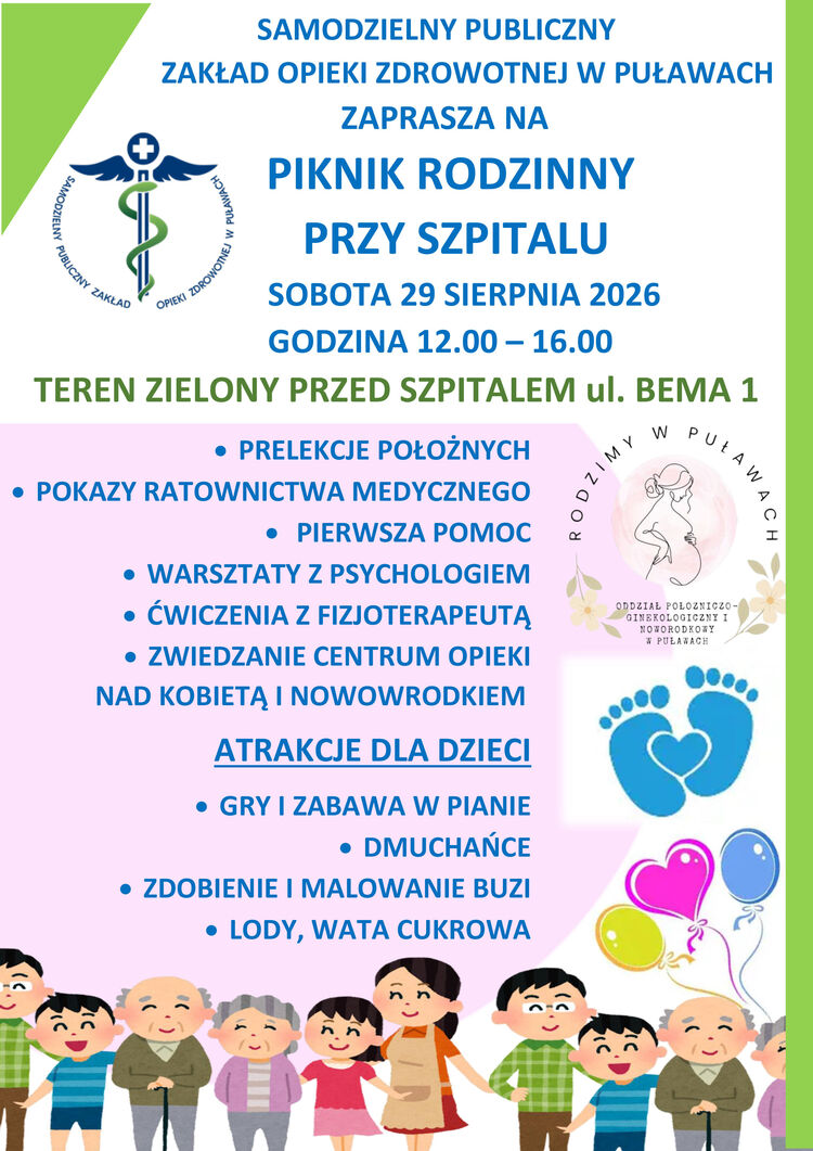 Samodzielny Publiczny Zakład Opieki Zdrowotnej w Puławach zaprasza mieszkańc&oacute;w Powiatu Puławskiego i całe rodziny na Piknik Rodzinny, kt&oacute;ry odbędzie się w sobotę, 29 sierpnia 2026 roku, w godz. 12.00&ndash;16.00. Wydarzenie odbędzie się na terenie zielonym przed Szpitalem przy ul. Bema 1 w Puławach.